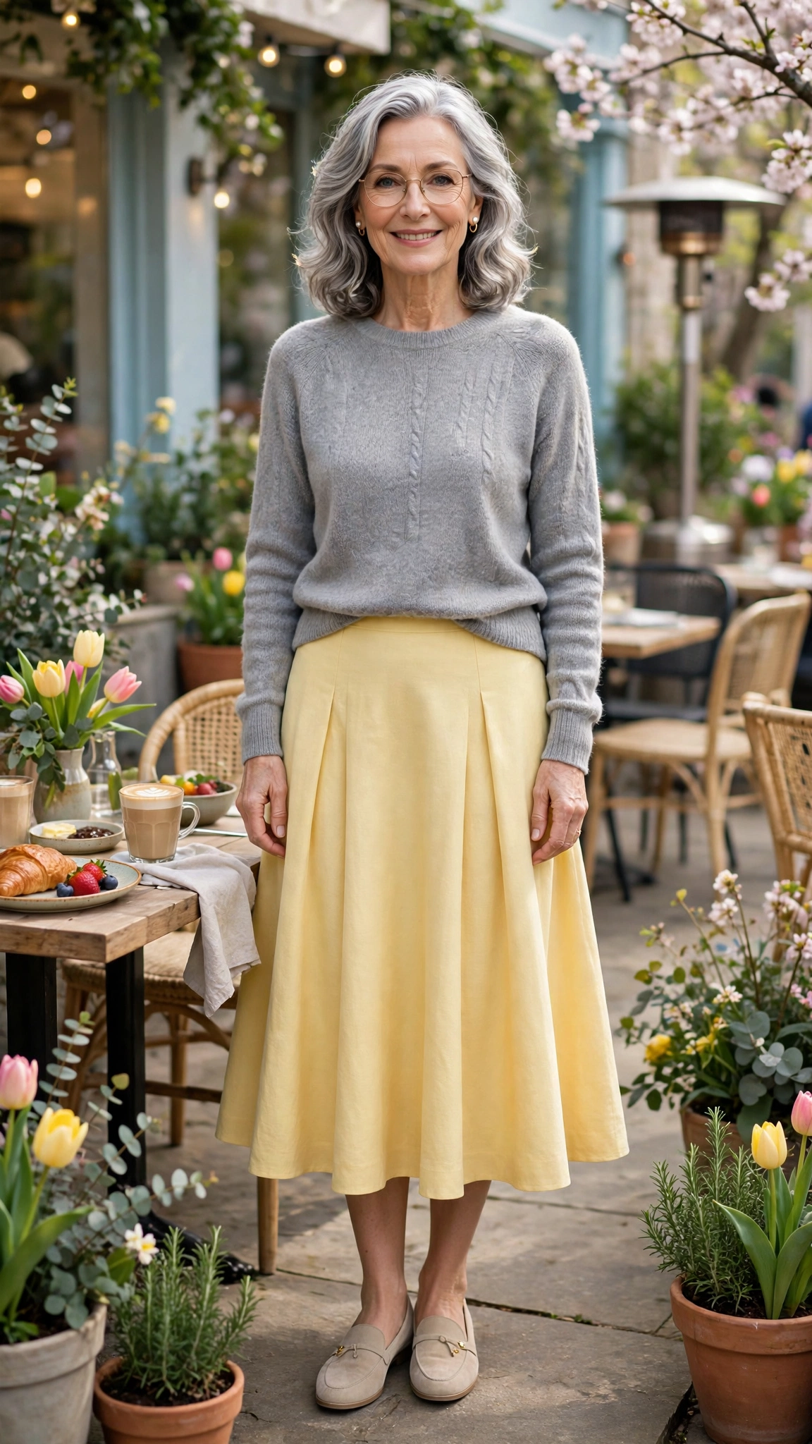 22 Women Over 60 Butter Yellow Skirt Outfits for Spring Brunches That Are Fresh, Chic and Easy to Wear 7 Butter yellow flared midi skirt with a soft grey sweater