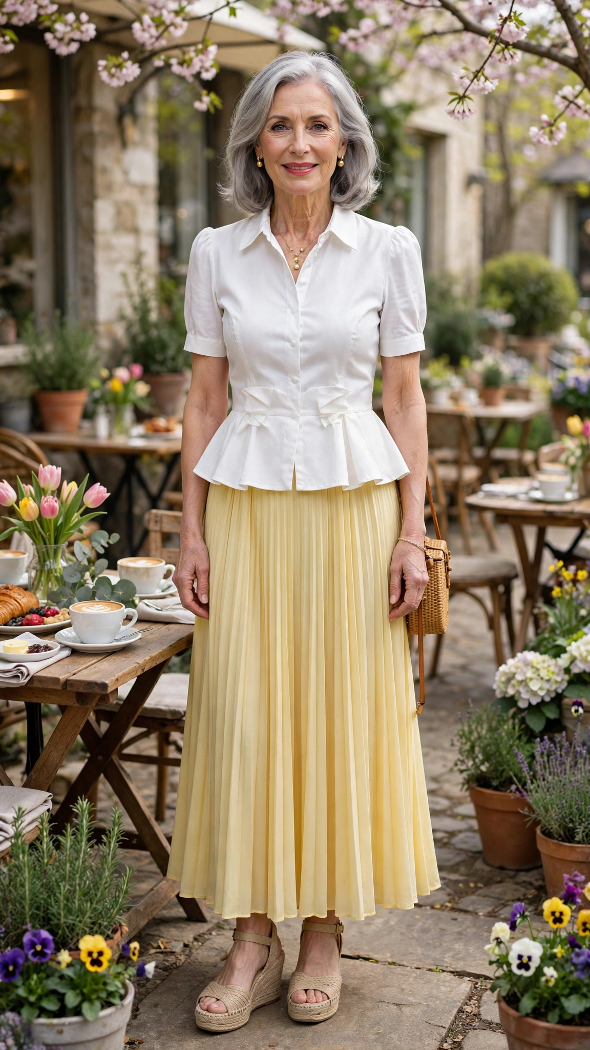 22 Women Over 60 Butter Yellow Skirt Outfits for Spring Brunches That Are Fresh, Chic and Easy to Wear 10 Butter yellow pleated maxi skirt with a white peplum top