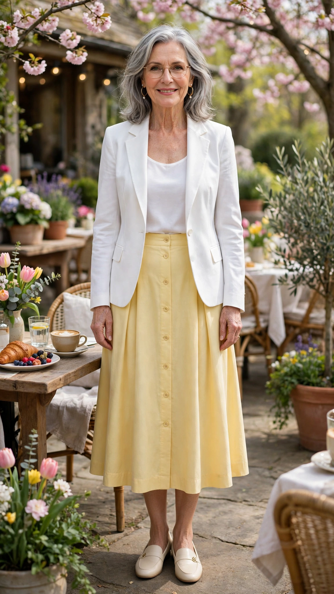 22 Women Over 60 Butter Yellow Skirt Outfits for Spring Brunches That Are Fresh, Chic and Easy to Wear 11 Butter yellow button-front midi skirt with a white blazer