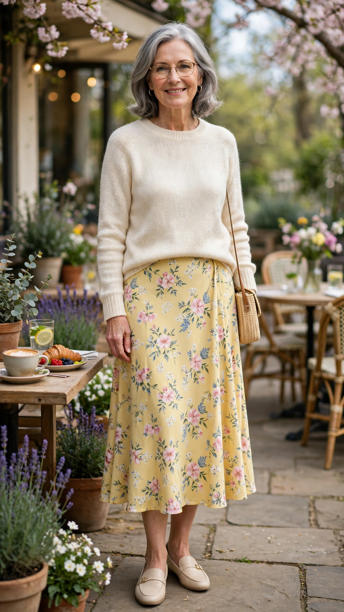 22 Women Over 60 Butter Yellow Skirt Outfits for Spring Brunches That Are Fresh, Chic and Easy to Wear 13 Butter yellow floral midi skirt with a cream sweater