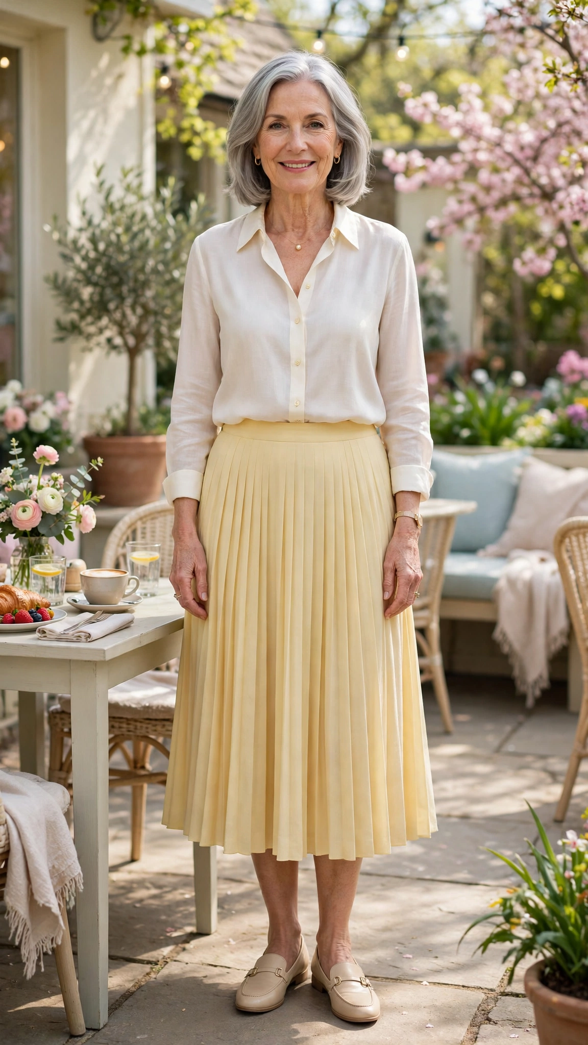 22 Women Over 60 Butter Yellow Skirt Outfits for Spring Brunches That Are Fresh, Chic and Easy to Wear 14 Butter yellow pleated midi skirt with an ivory blouse