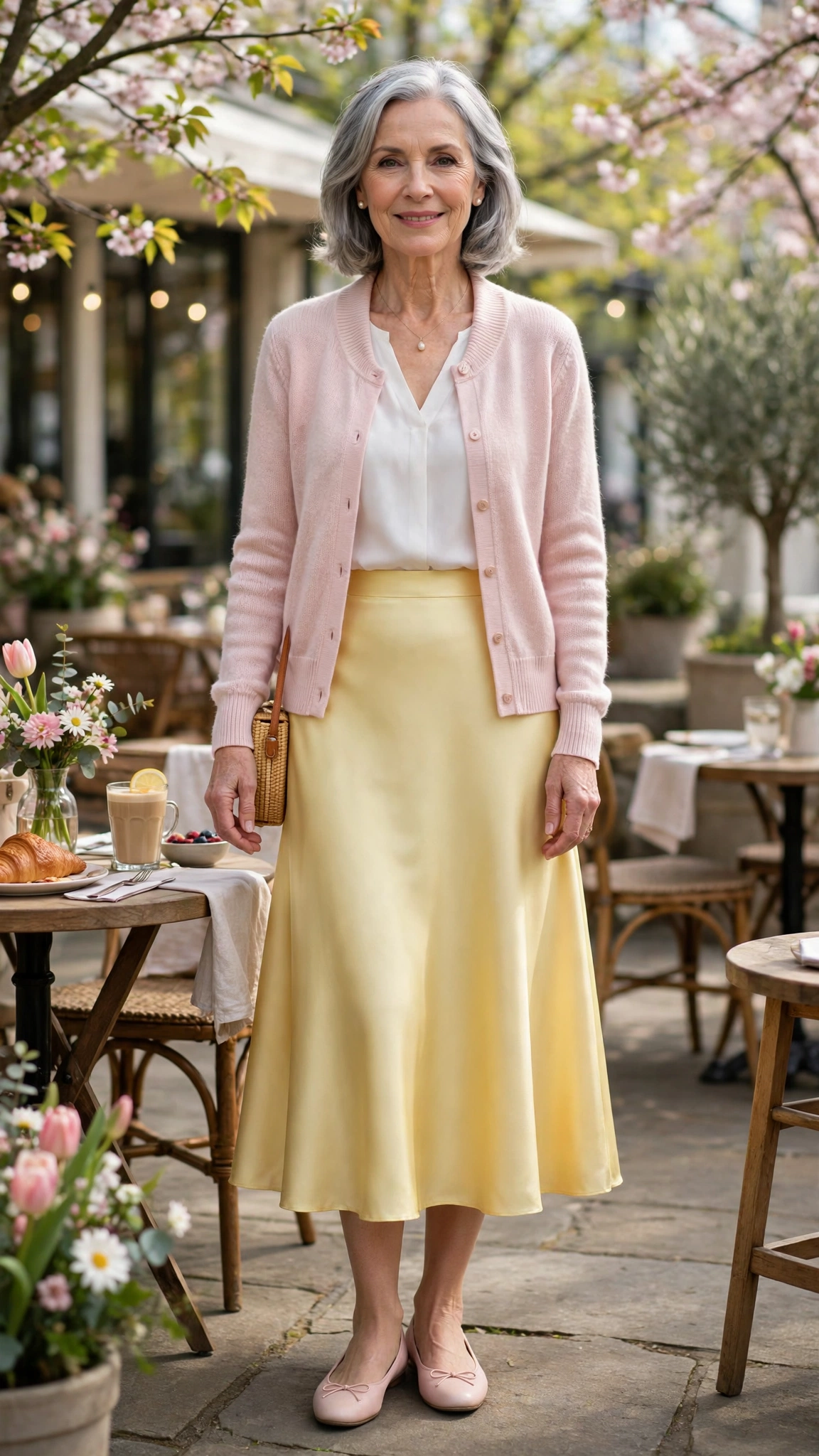 22 Women Over 60 Butter Yellow Skirt Outfits for Spring Brunches That Are Fresh, Chic and Easy to Wear 16 Butter yellow satin midi skirt with a pale pink cardigan