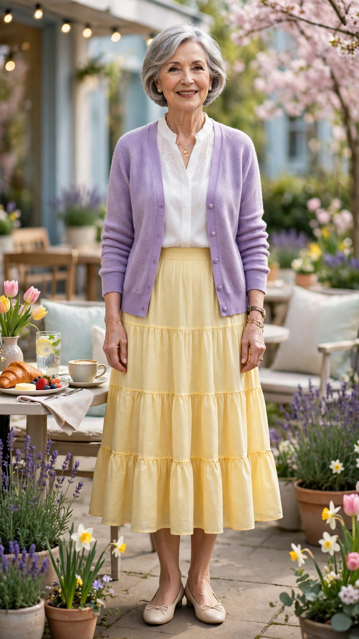 22 Women Over 60 Butter Yellow Skirt Outfits for Spring Brunches That Are Fresh, Chic and Easy to Wear 18 Butter yellow tiered midi skirt with a lilac cardigan