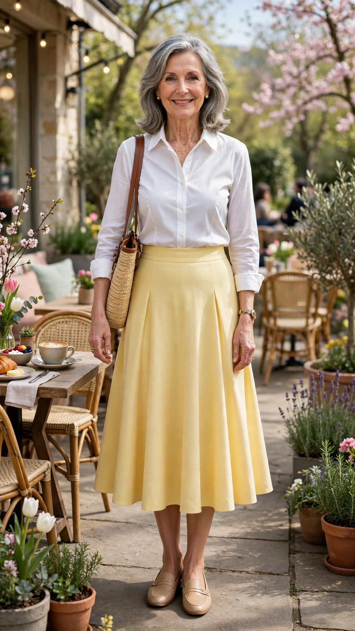 22 Women Over 60 Butter Yellow Skirt Outfits for Spring Brunches That Are Fresh, Chic and Easy to Wear 19 Butter yellow flared midi skirt with a white shirt