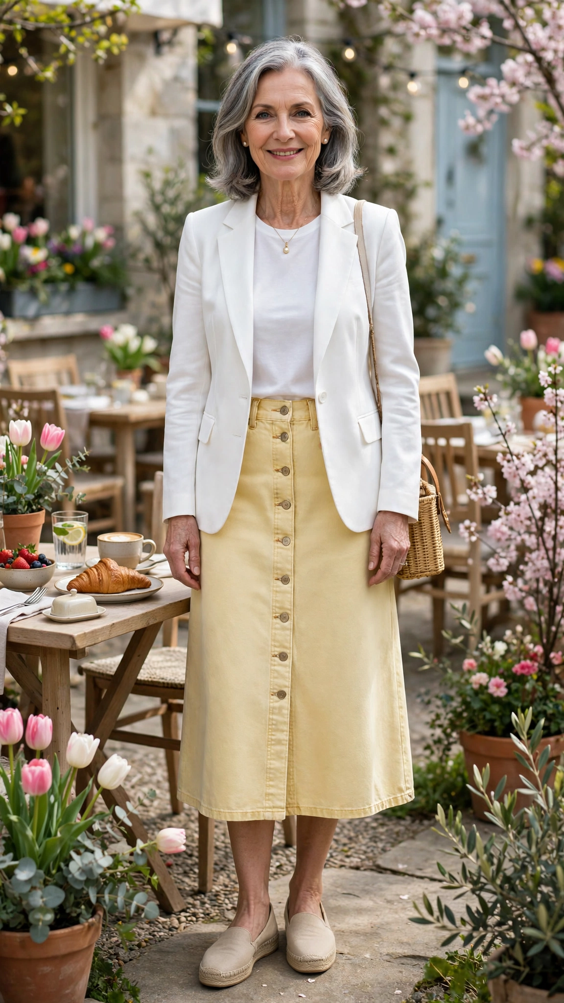 22 Women Over 60 Butter Yellow Skirt Outfits for Spring Brunches That Are Fresh, Chic and Easy to Wear 21 Butter yellow denim midi skirt with a white blazer