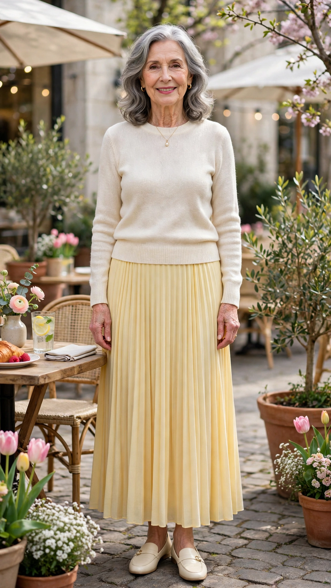 22 Women Over 60 Butter Yellow Skirt Outfits for Spring Brunches That Are Fresh, Chic and Easy to Wear 22 Butter yellow pleated maxi skirt with a cream knit top