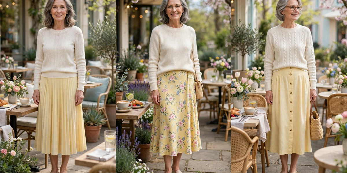 22 Women Over 60 Butter Yellow Skirt Outfits for Spring Brunches That Are Fresh, Chic and Easy to Wear