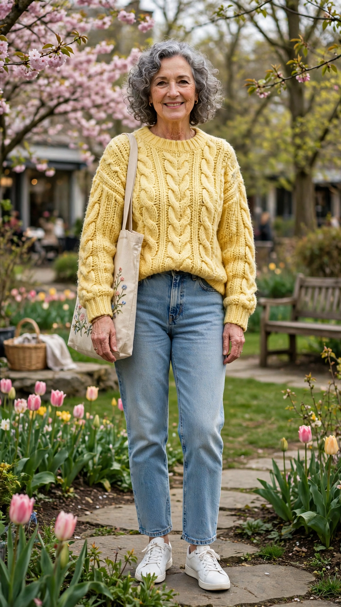 33 Women Over 60 Butter Yellow Sweater Outfits for March Weekends That Are Fresh, Chic and Easy to Wear 2 Butter yellow chunky knit sweater with light-wash straight jeans