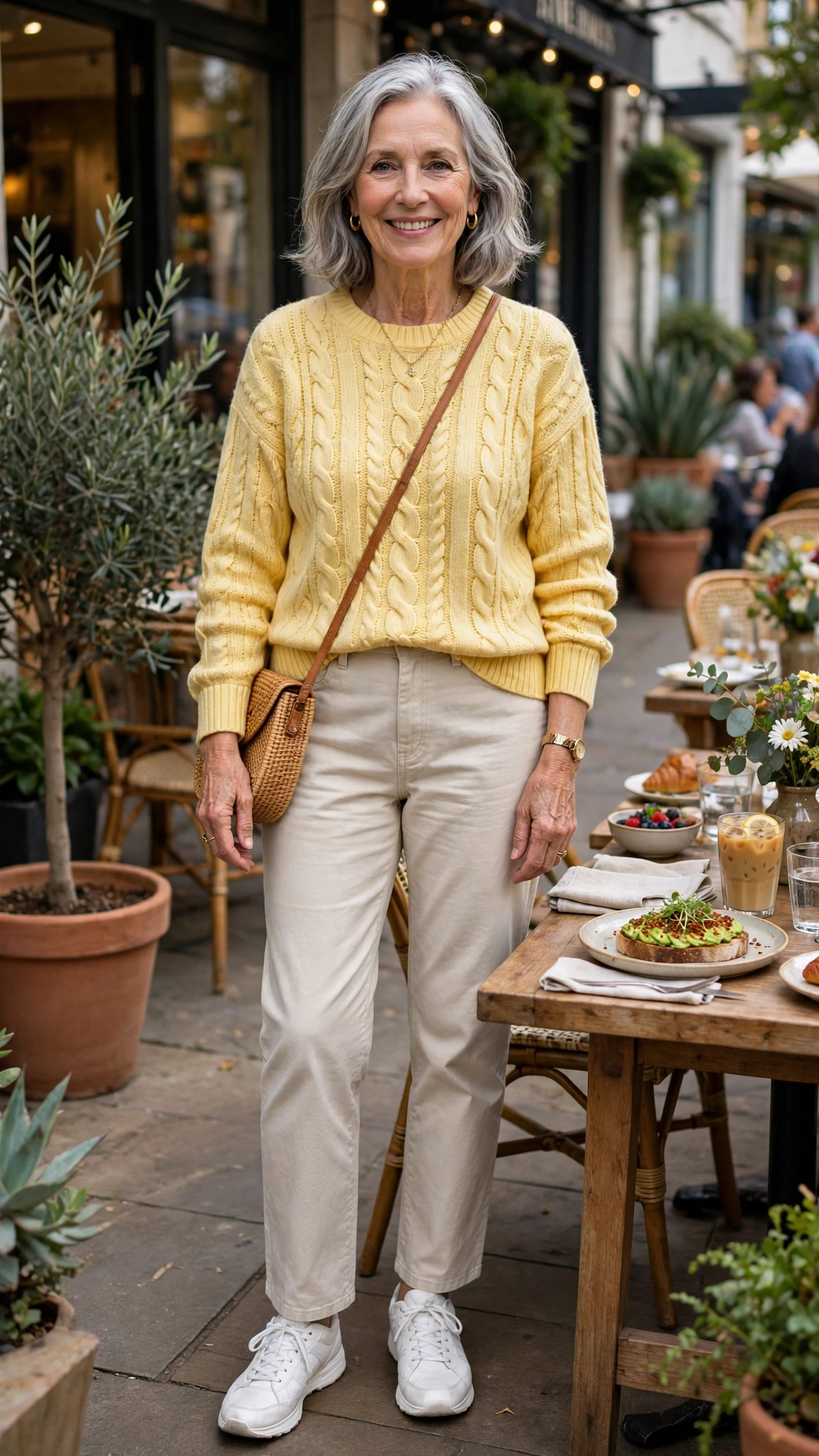 33 Women Over 60 Butter Yellow Sweater Outfits for March Weekends That Are Fresh, Chic and Easy to Wear 4 Butter yellow cable-knit sweater with white trainers