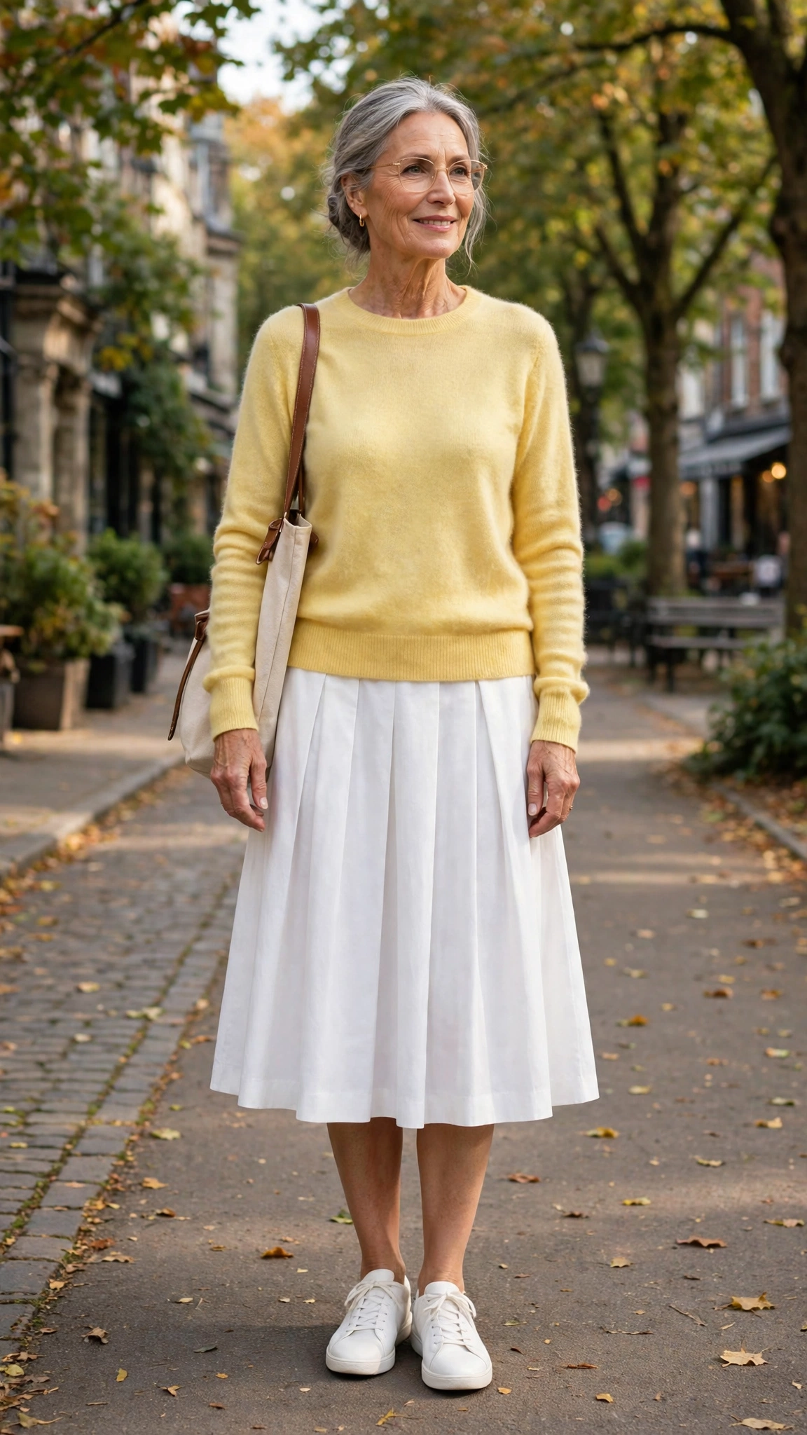 33 Women Over 60 Butter Yellow Sweater Outfits for March Weekends That Are Fresh, Chic and Easy to Wear 5 Butter yellow cashmere sweater with a white A-line skirt