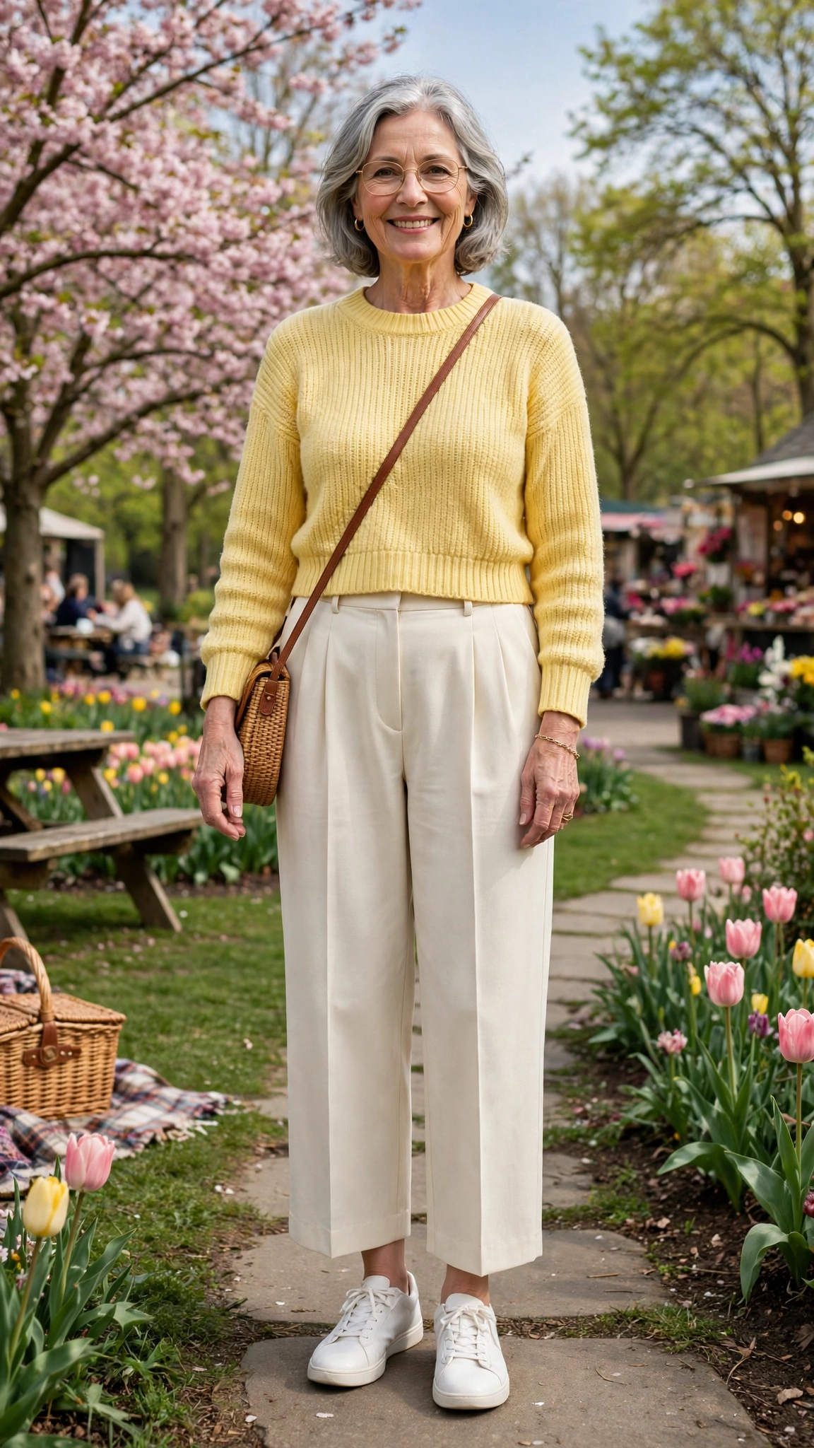 33 Women Over 60 Butter Yellow Sweater Outfits for March Weekends That Are Fresh, Chic and Easy to Wear 6 Butter yellow cropped sweater with cream pleated trousers