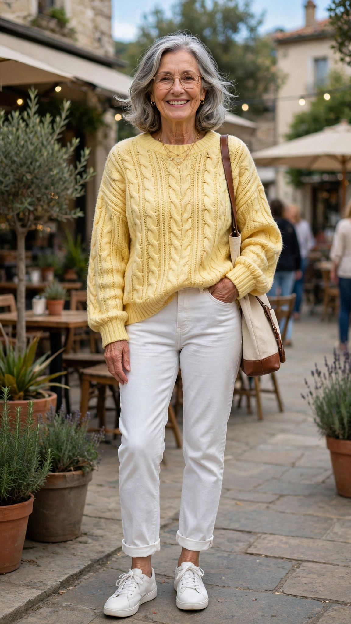 33 Women Over 60 Butter Yellow Sweater Outfits for March Weekends That Are Fresh, Chic and Easy to Wear 7 Butter yellow oversized sweater with white jeans