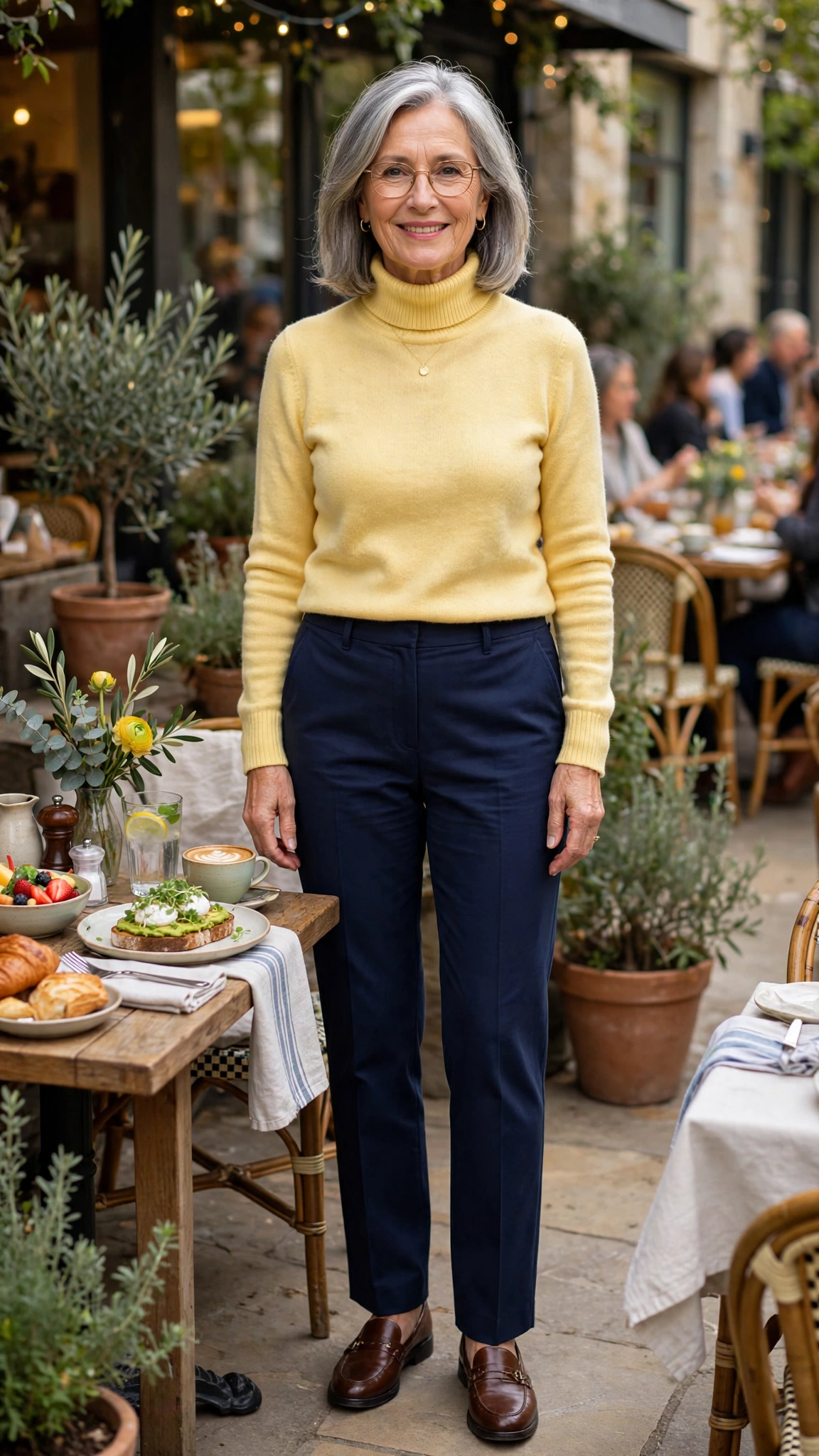 33 Women Over 60 Butter Yellow Sweater Outfits for March Weekends That Are Fresh, Chic and Easy to Wear 8 Butter yellow turtleneck sweater with navy straight trousers