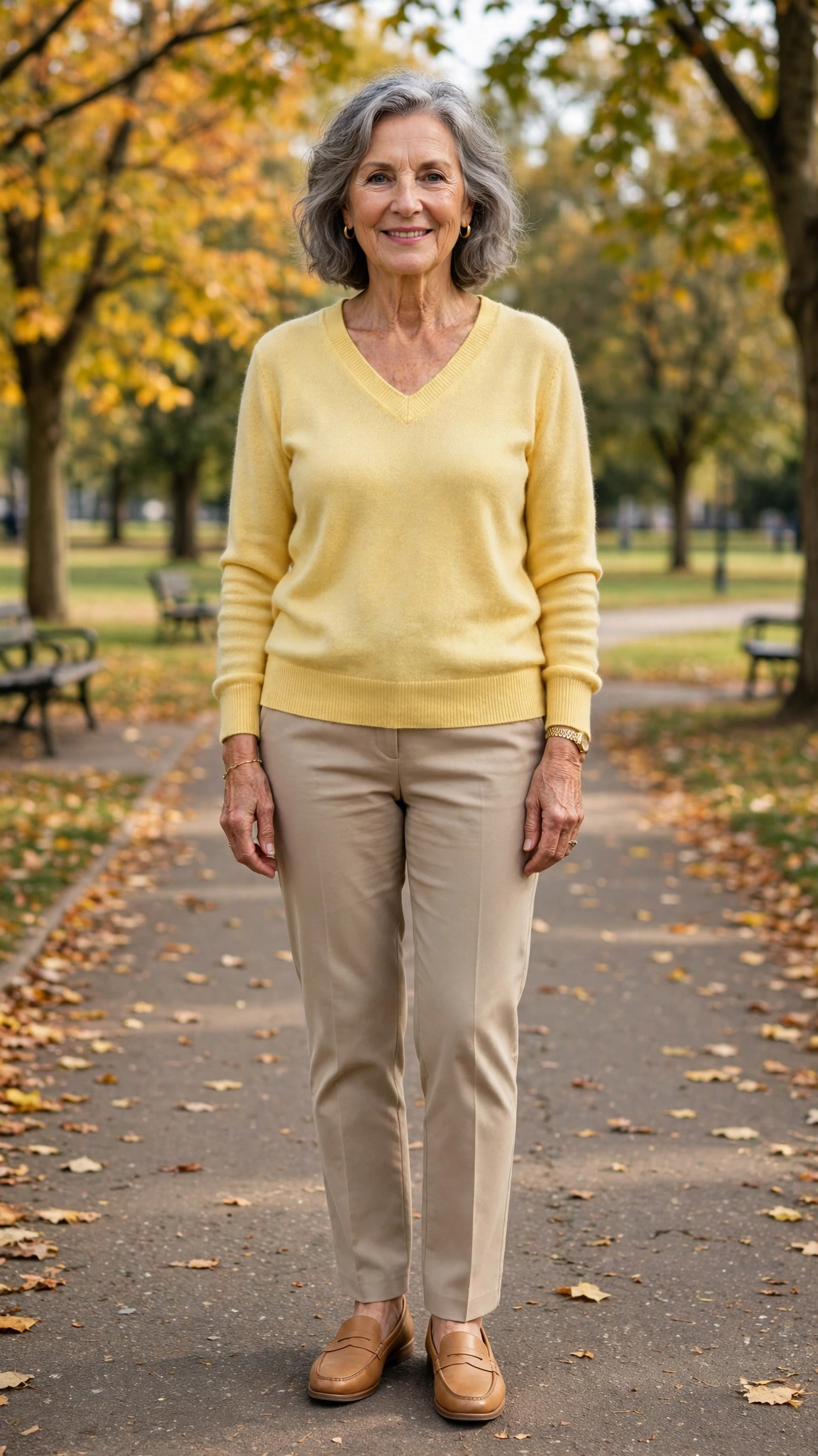 33 Women Over 60 Butter Yellow Sweater Outfits for March Weekends That Are Fresh, Chic and Easy to Wear 9 Butter yellow V-neck sweater with tan loafers