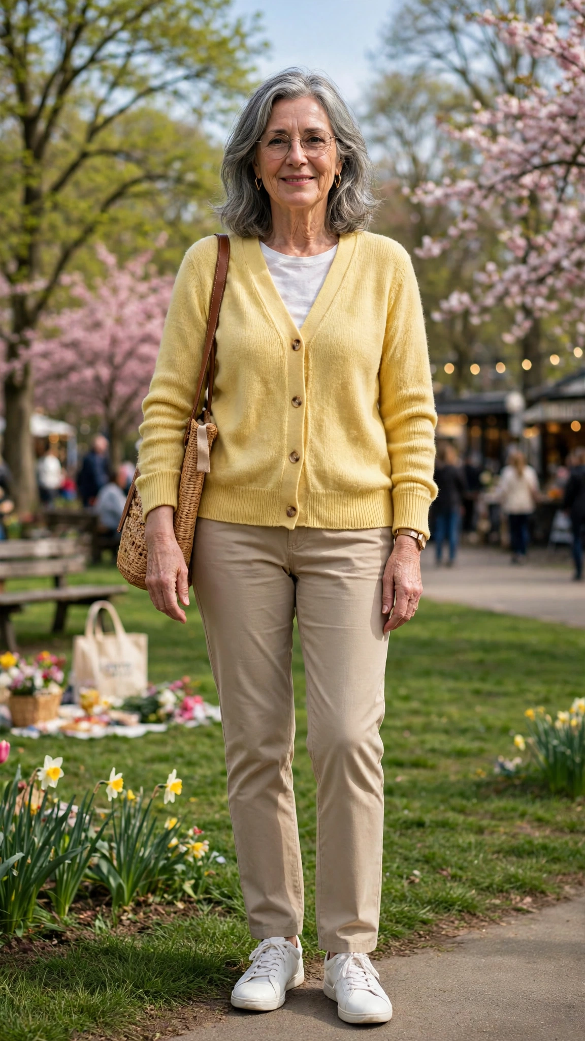 33 Women Over 60 Butter Yellow Sweater Outfits for March Weekends That Are Fresh, Chic and Easy to Wear 10 Butter yellow cardigan sweater with beige chinos
