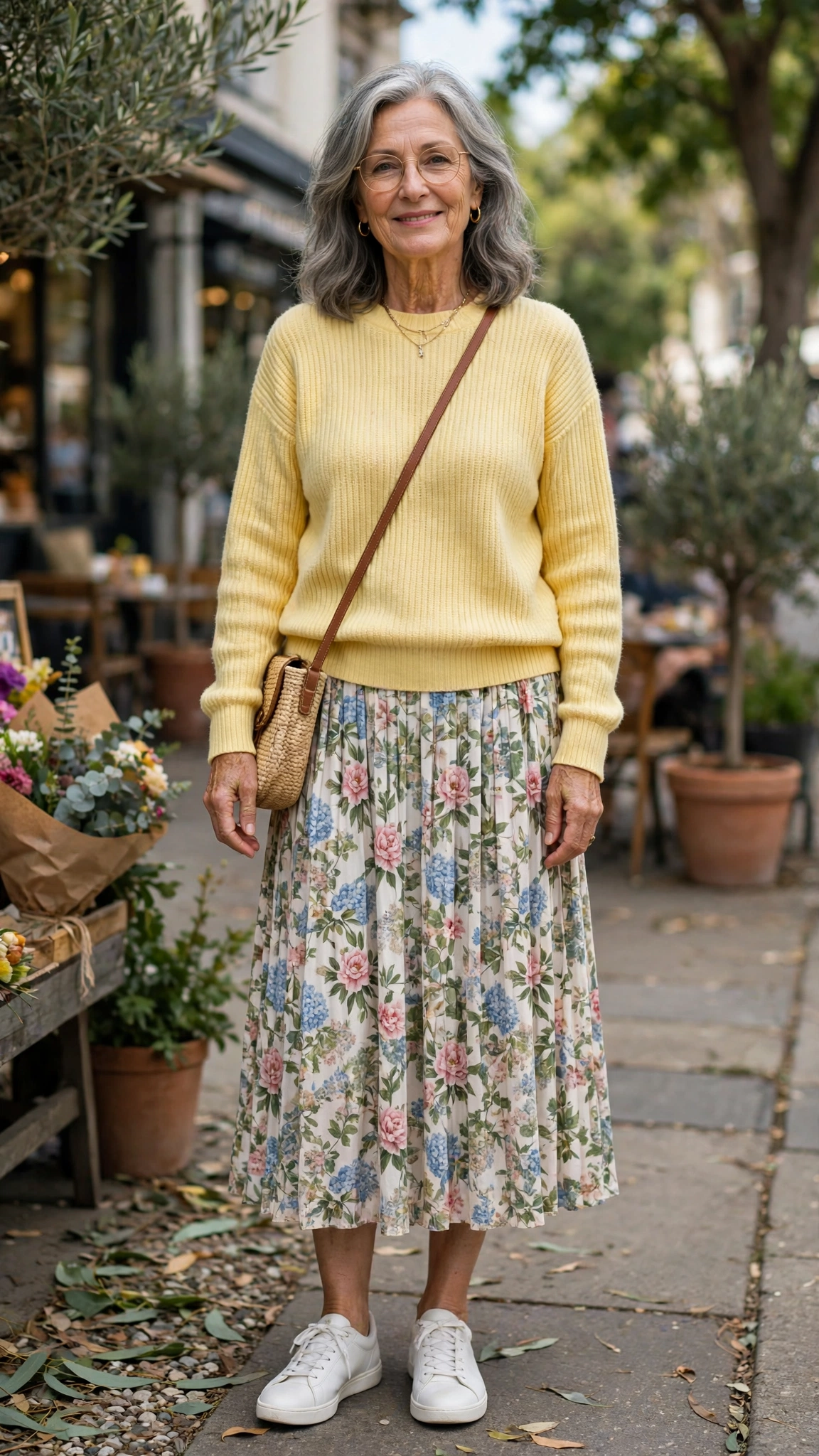33 Women Over 60 Butter Yellow Sweater Outfits for March Weekends That Are Fresh, Chic and Easy to Wear 11 Butter yellow ribbed sweater with a floral midi skirt