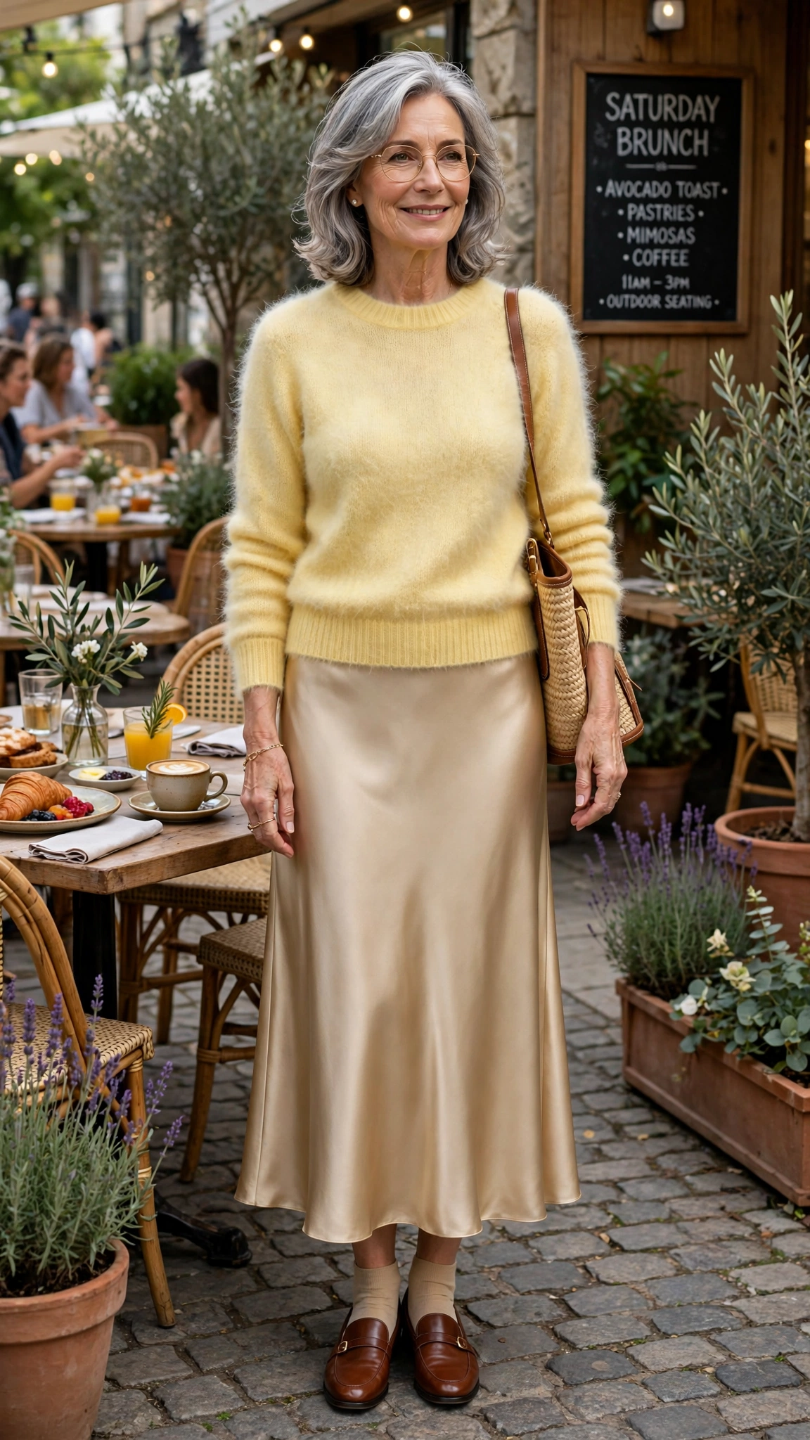 33 Women Over 60 Butter Yellow Sweater Outfits for March Weekends That Are Fresh, Chic and Easy to Wear 12 Butter yellow soft mohair sweater with a satin midi skirt