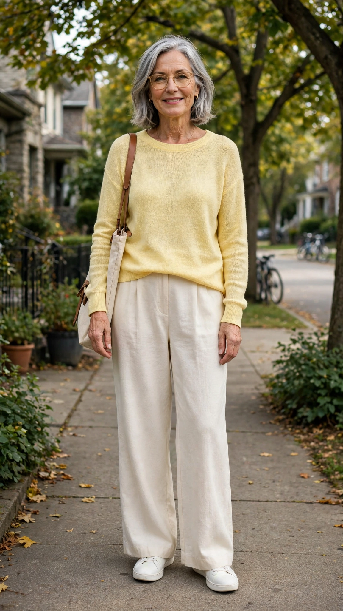 33 Women Over 60 Butter Yellow Sweater Outfits for March Weekends That Are Fresh, Chic and Easy to Wear 13 Butter yellow lightweight knit sweater with cream wide-leg trousers