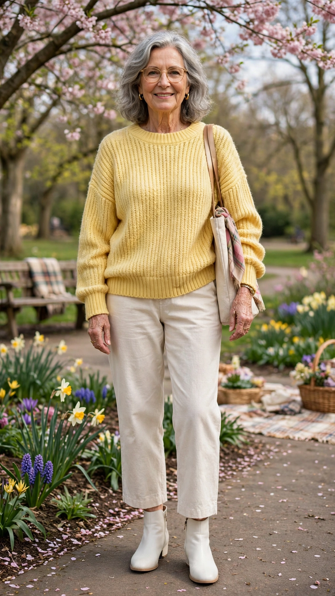 33 Women Over 60 Butter Yellow Sweater Outfits for March Weekends That Are Fresh, Chic and Easy to Wear 14 Butter yellow slouchy sweater with white ankle boots
