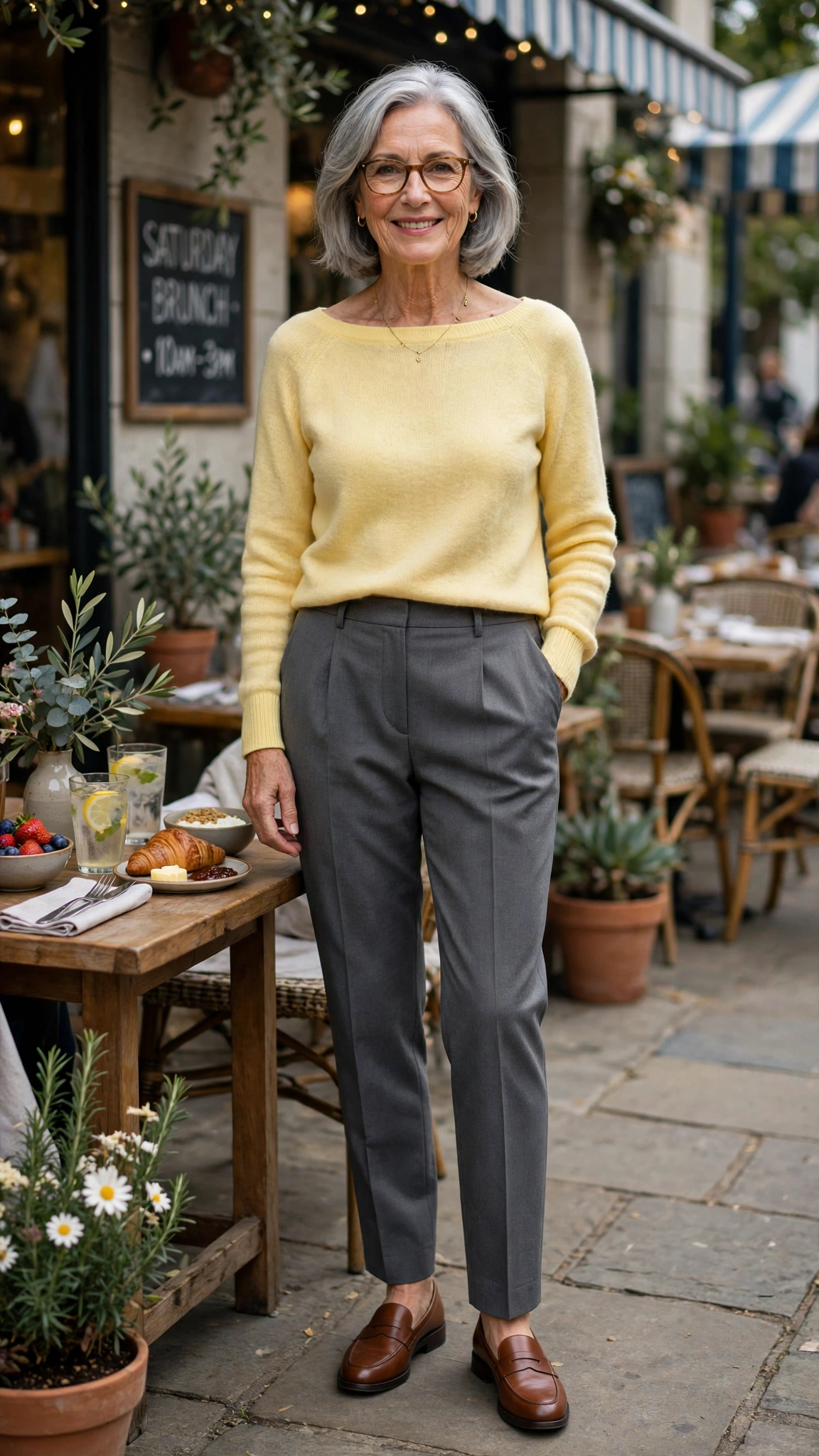 33 Women Over 60 Butter Yellow Sweater Outfits for March Weekends That Are Fresh, Chic and Easy to Wear 16 Butter yellow boat-neck sweater with grey tailored trousers