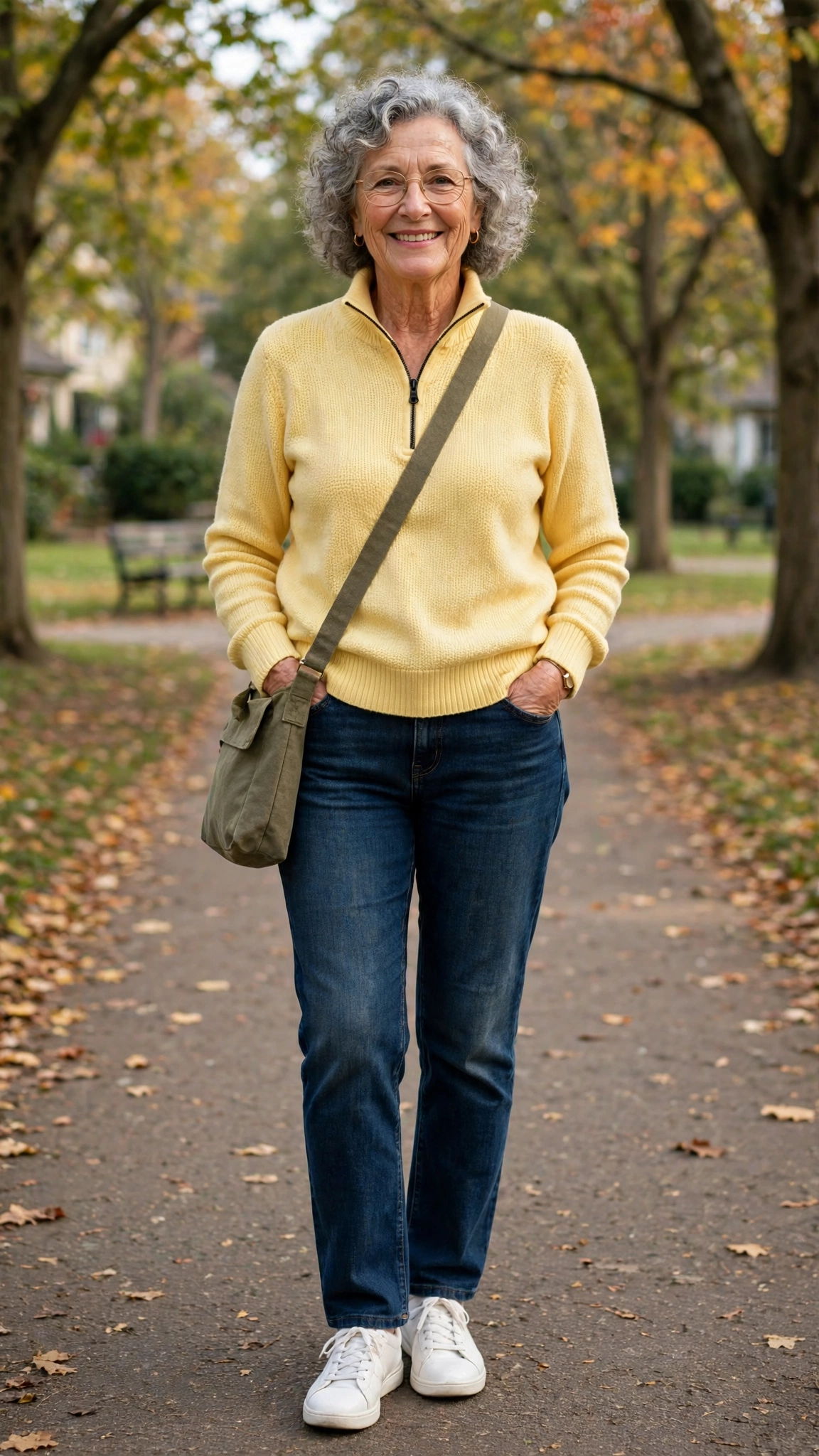 33 Women Over 60 Butter Yellow Sweater Outfits for March Weekends That Are Fresh, Chic and Easy to Wear 17 Butter yellow half-zip sweater with dark-wash jeans