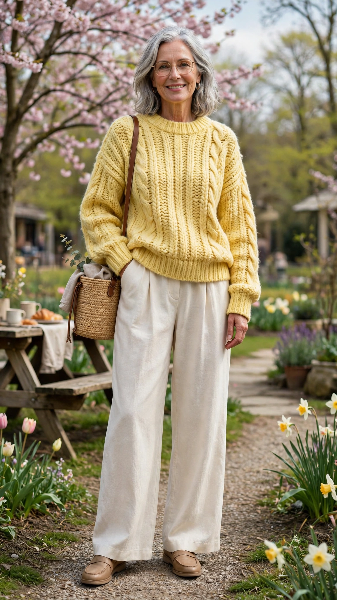 33 Women Over 60 Butter Yellow Sweater Outfits for March Weekends That Are Fresh, Chic and Easy to Wear 18 Butter yellow chunky knit sweater with cream wide-leg trousers