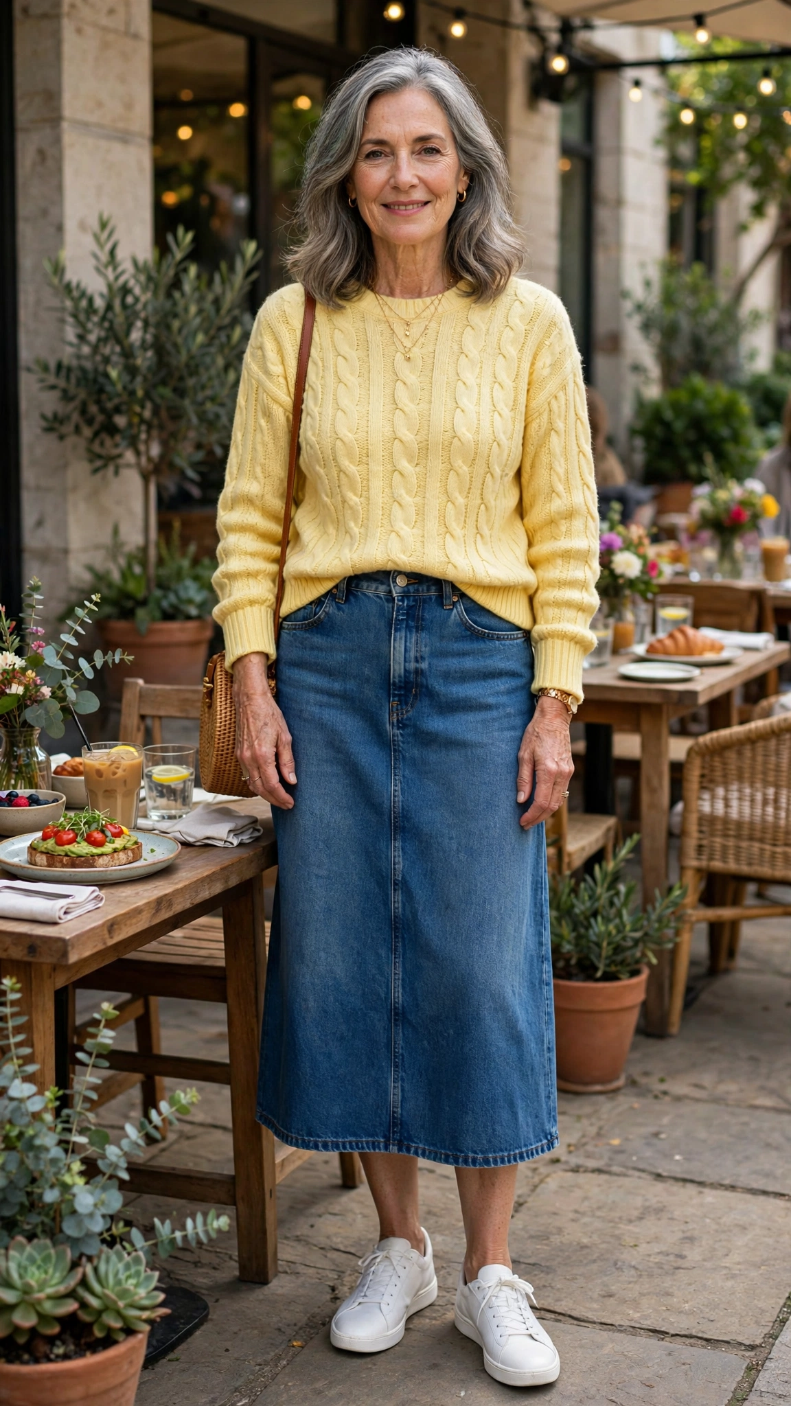 33 Women Over 60 Butter Yellow Sweater Outfits for March Weekends That Are Fresh, Chic and Easy to Wear 20 Butter yellow cable-knit sweater with a denim midi skirt