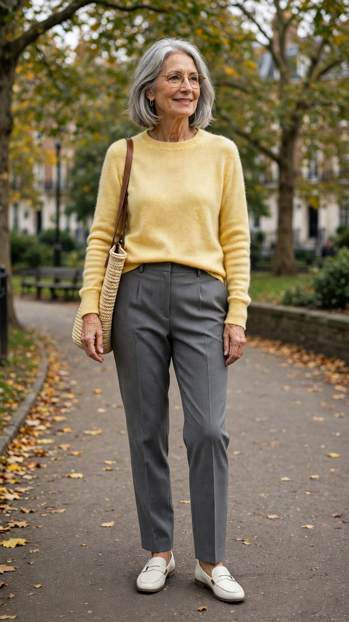 33 Women Over 60 Butter Yellow Sweater Outfits for March Weekends That Are Fresh, Chic and Easy to Wear 21 Butter yellow cashmere sweater with grey tailored trousers