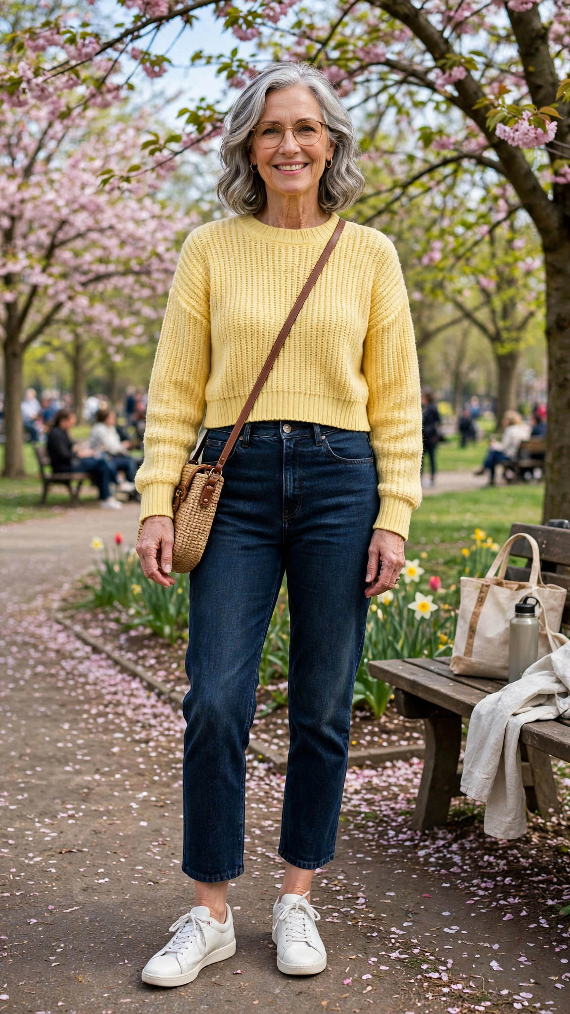 33 Women Over 60 Butter Yellow Sweater Outfits for March Weekends That Are Fresh, Chic and Easy to Wear 22 Butter yellow cropped sweater with dark-wash jeans