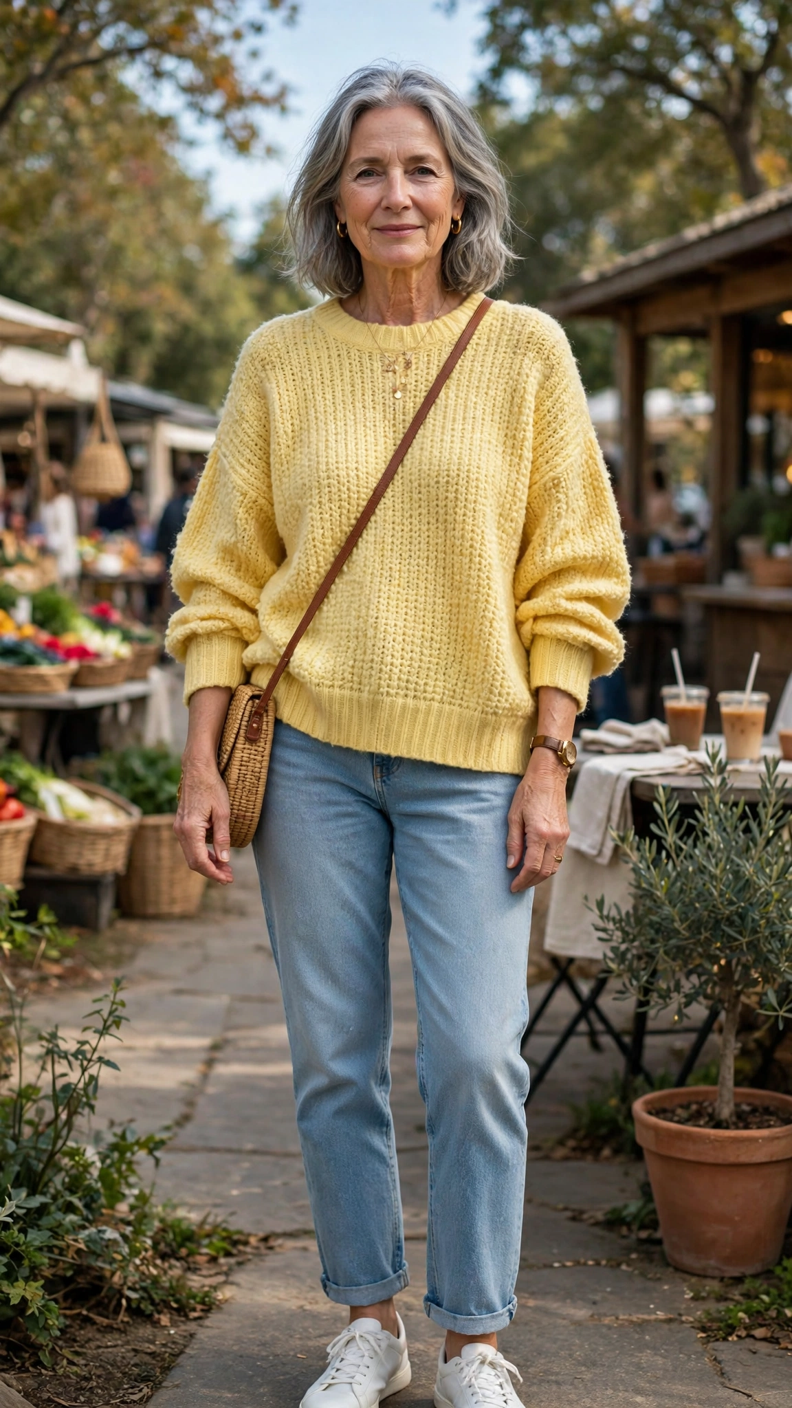 33 Women Over 60 Butter Yellow Sweater Outfits for March Weekends That Are Fresh, Chic and Easy to Wear 23 Butter yellow oversized sweater with light-wash straight jeans