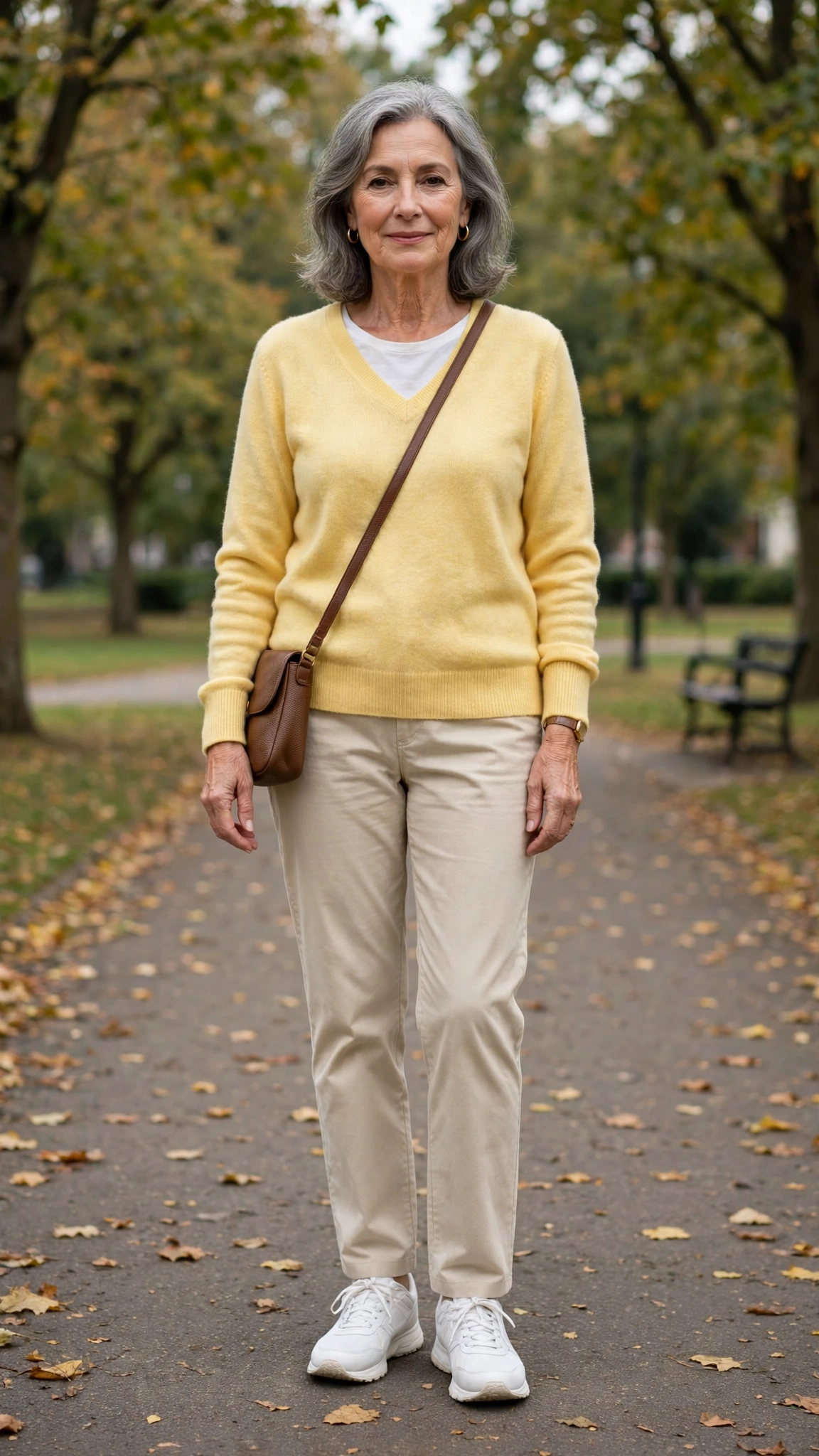 33 Women Over 60 Butter Yellow Sweater Outfits for March Weekends That Are Fresh, Chic and Easy to Wear 25 Butter yellow V-neck sweater with white trainers
