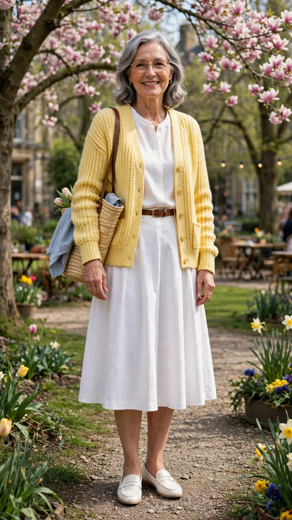 33 Women Over 60 Butter Yellow Sweater Outfits for March Weekends That Are Fresh, Chic and Easy to Wear 26 Butter yellow cardigan sweater with a white A-line skirt