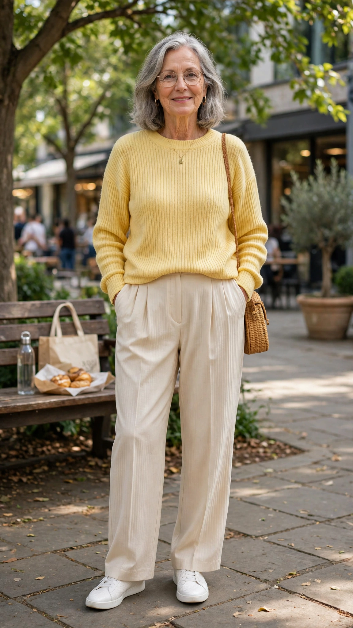 33 Women Over 60 Butter Yellow Sweater Outfits for March Weekends That Are Fresh, Chic and Easy to Wear 27 Butter yellow ribbed sweater with cream pleated trousers