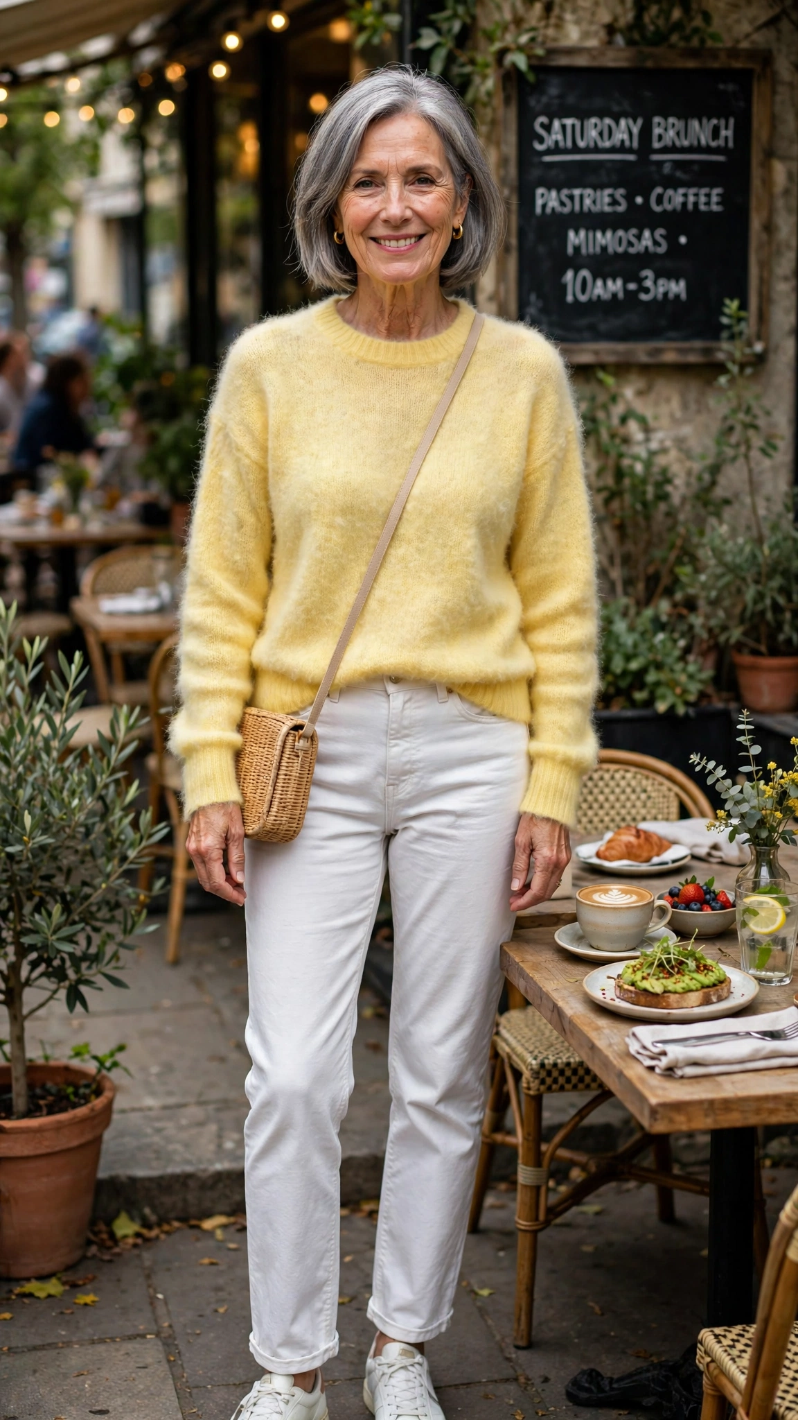 33 Women Over 60 Butter Yellow Sweater Outfits for March Weekends That Are Fresh, Chic and Easy to Wear 28 Butter yellow soft mohair sweater with white jeans