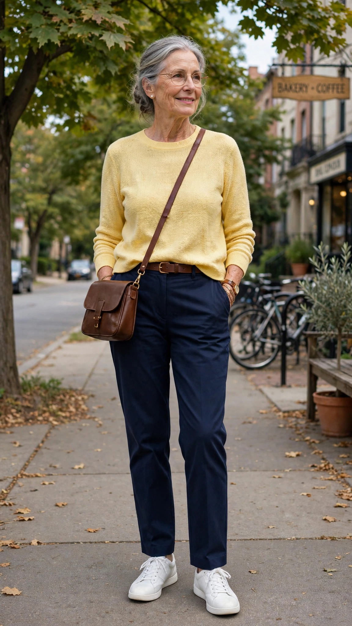 33 Women Over 60 Butter Yellow Sweater Outfits for March Weekends That Are Fresh, Chic and Easy to Wear 29 Butter yellow lightweight knit sweater with navy straight trousers
