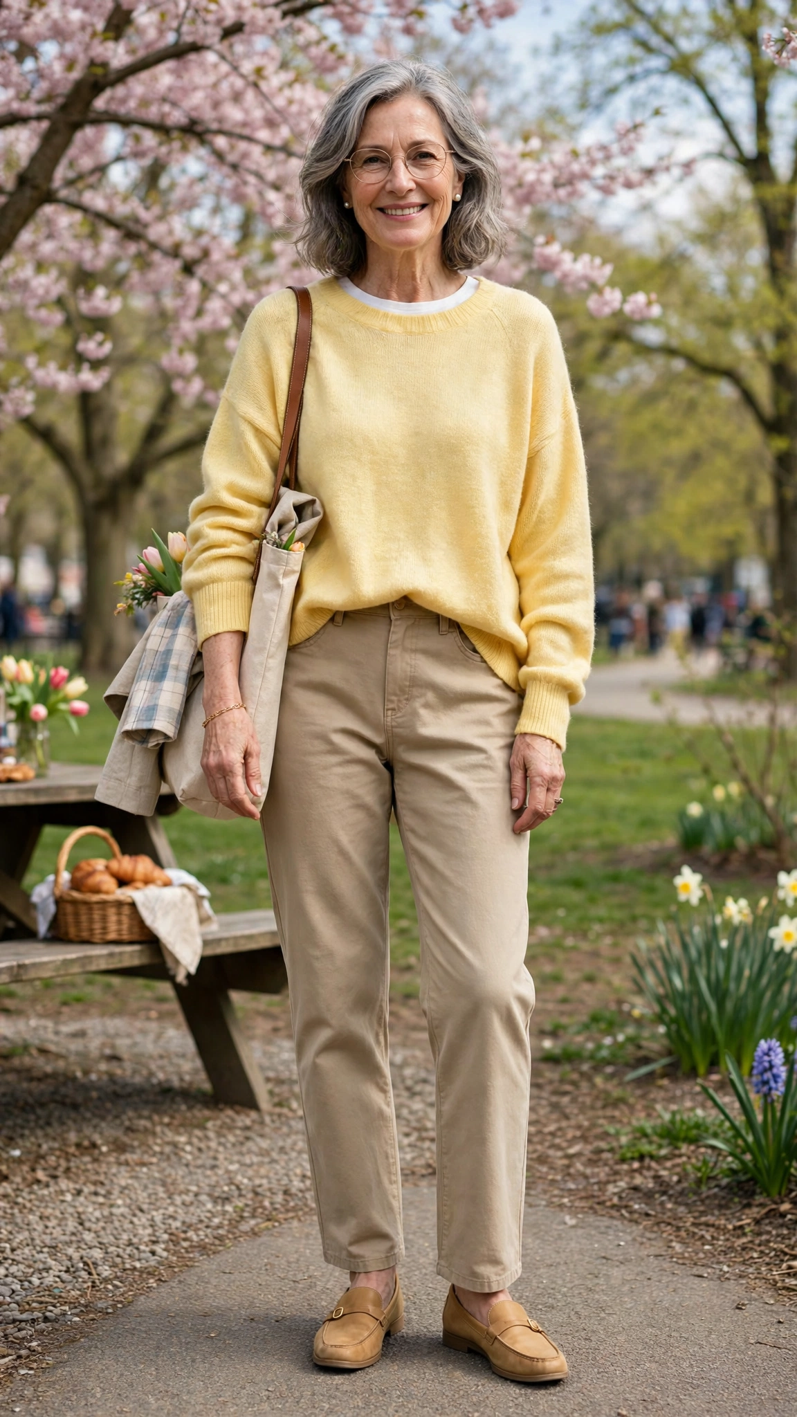 33 Women Over 60 Butter Yellow Sweater Outfits for March Weekends That Are Fresh, Chic and Easy to Wear 30 Butter yellow slouchy sweater with tan loafers