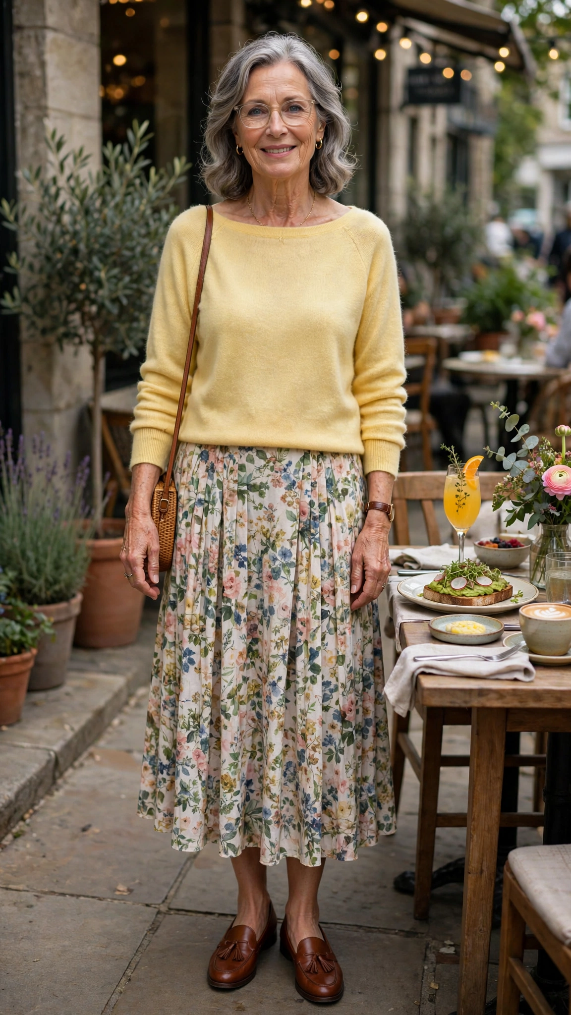 33 Women Over 60 Butter Yellow Sweater Outfits for March Weekends That Are Fresh, Chic and Easy to Wear 32 Butter yellow boat-neck sweater with a floral midi skirt