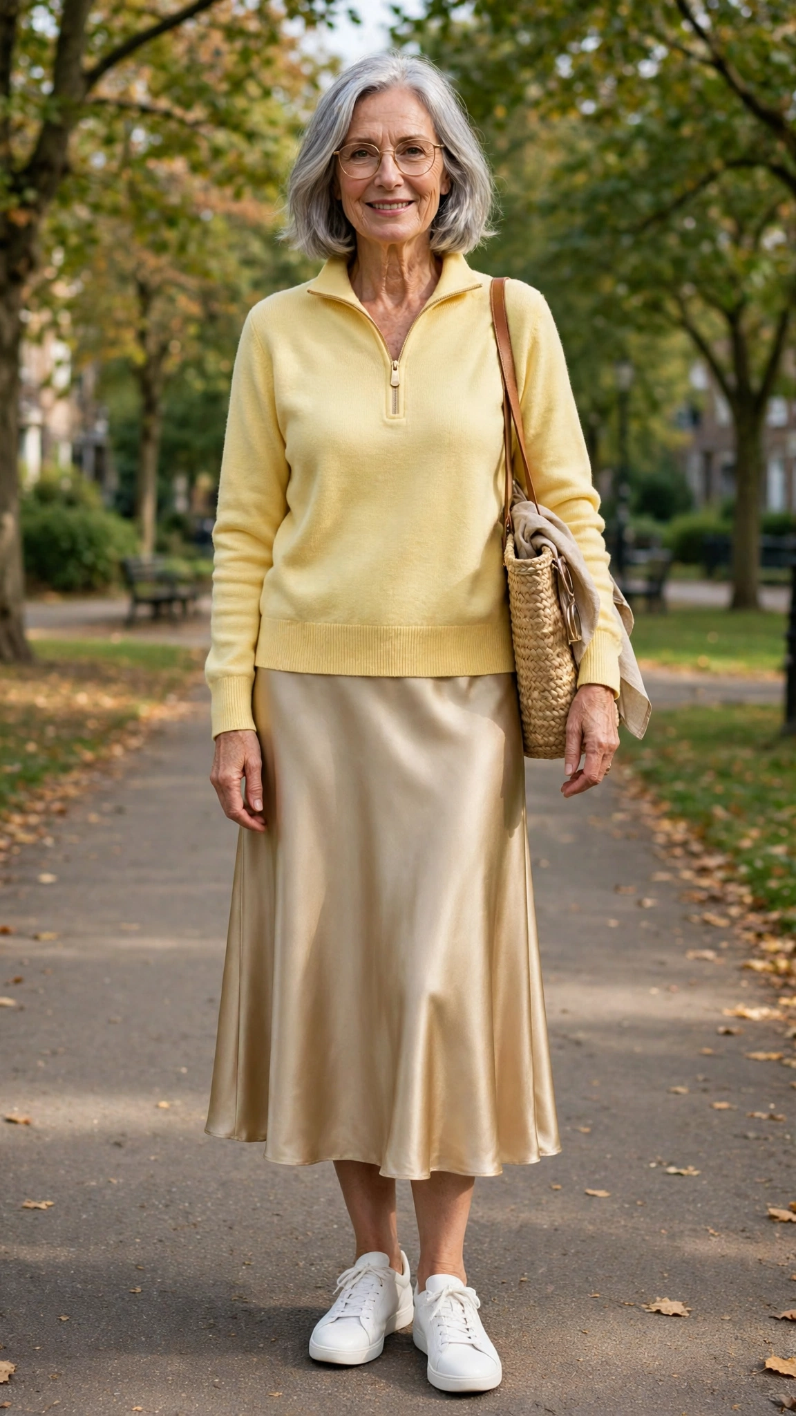 33 Women Over 60 Butter Yellow Sweater Outfits for March Weekends That Are Fresh, Chic and Easy to Wear 33 Butter yellow half-zip sweater with a satin midi skirt