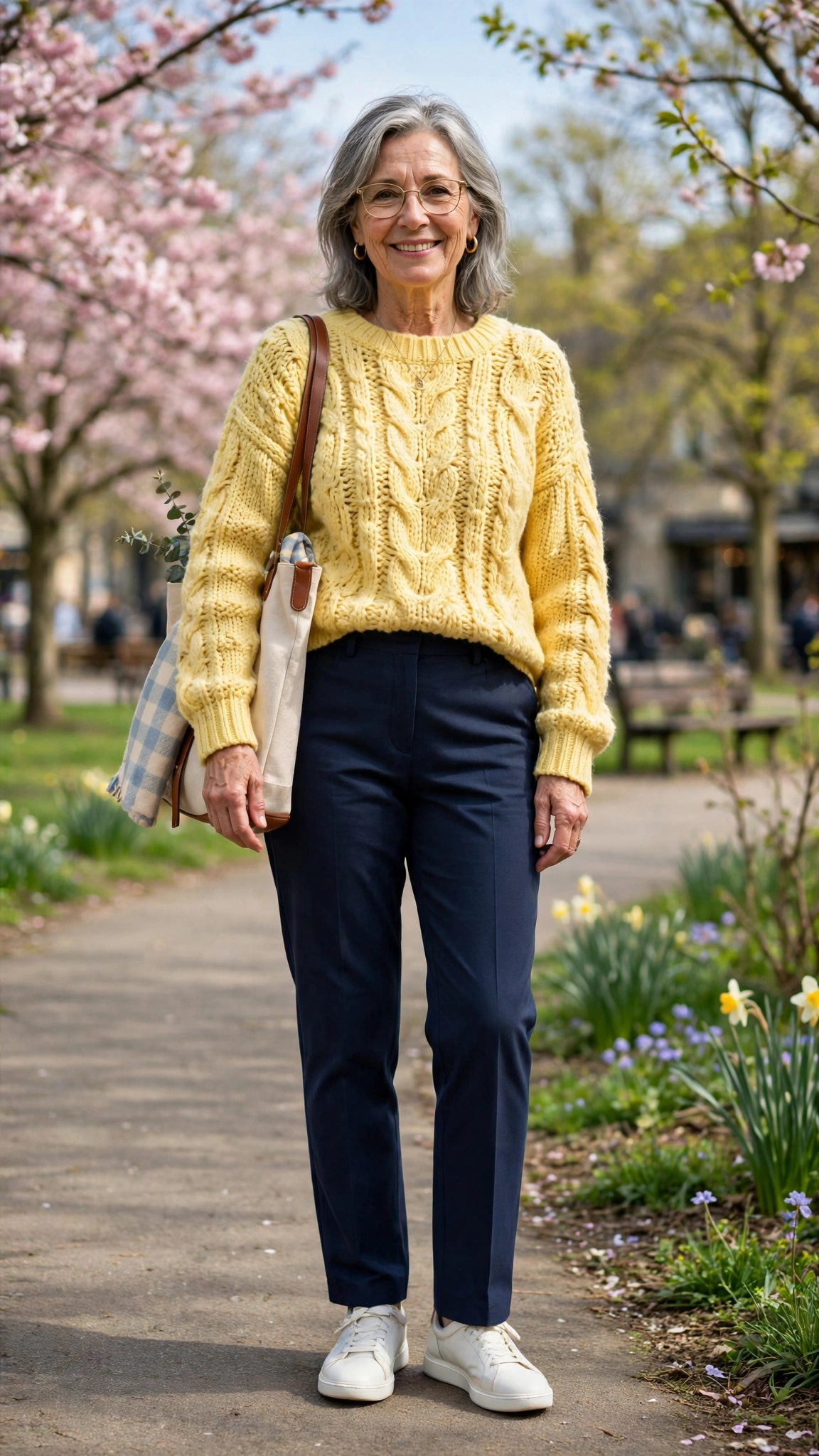 33 Women Over 60 Butter Yellow Sweater Outfits for March Weekends That Are Fresh, Chic and Easy to Wear 34 Butter yellow chunky knit sweater with navy straight trousers