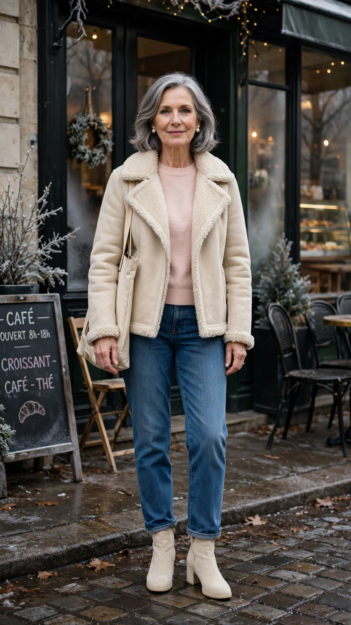 18 Women over 60 cream shearling jacket outfits for casual winter days That Are Chic, Warm and Elegant - idea 8