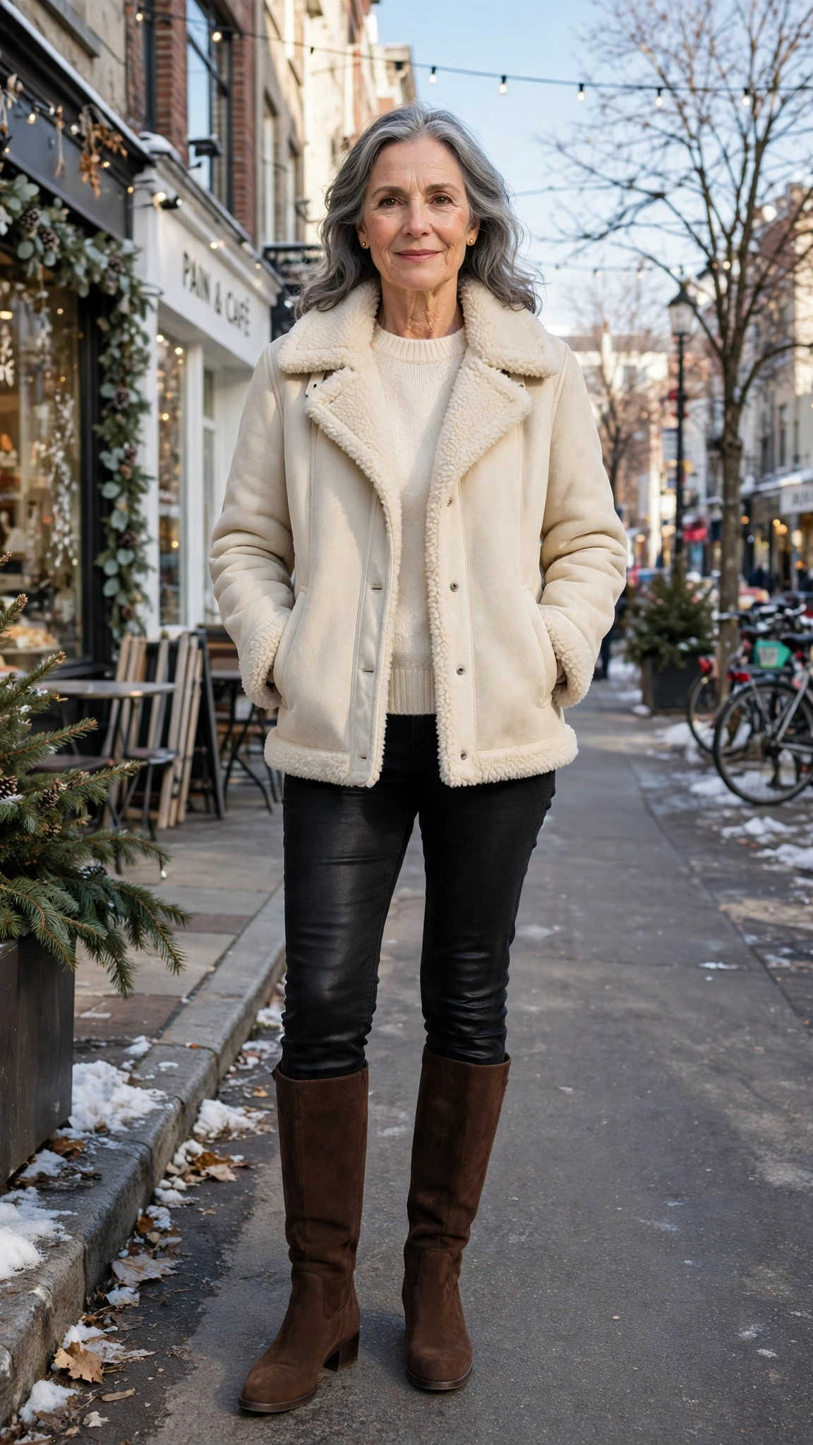 18 Women over 60 cream shearling jacket outfits for casual winter days That Are Chic, Warm and Elegant - idea 13