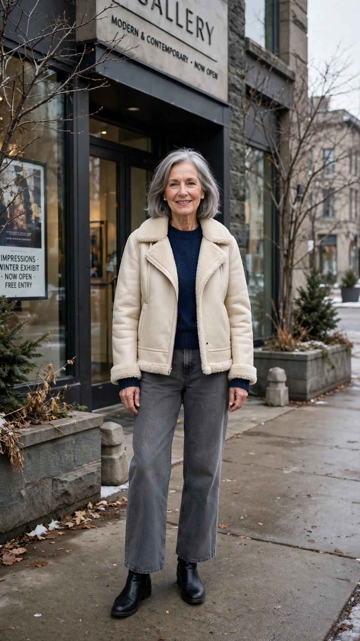 18 Women over 60 cream shearling jacket outfits for casual winter days That Are Chic, Warm and Elegant - idea 18