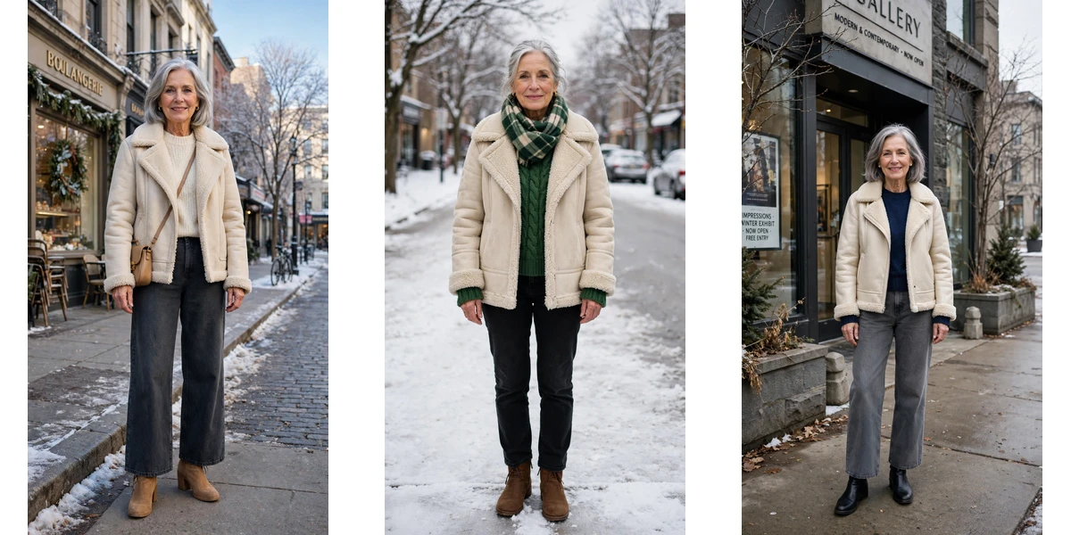 18 Women over 60 cream shearling jacket outfits for casual winter days That Are Chic, Warm and Elegant featured