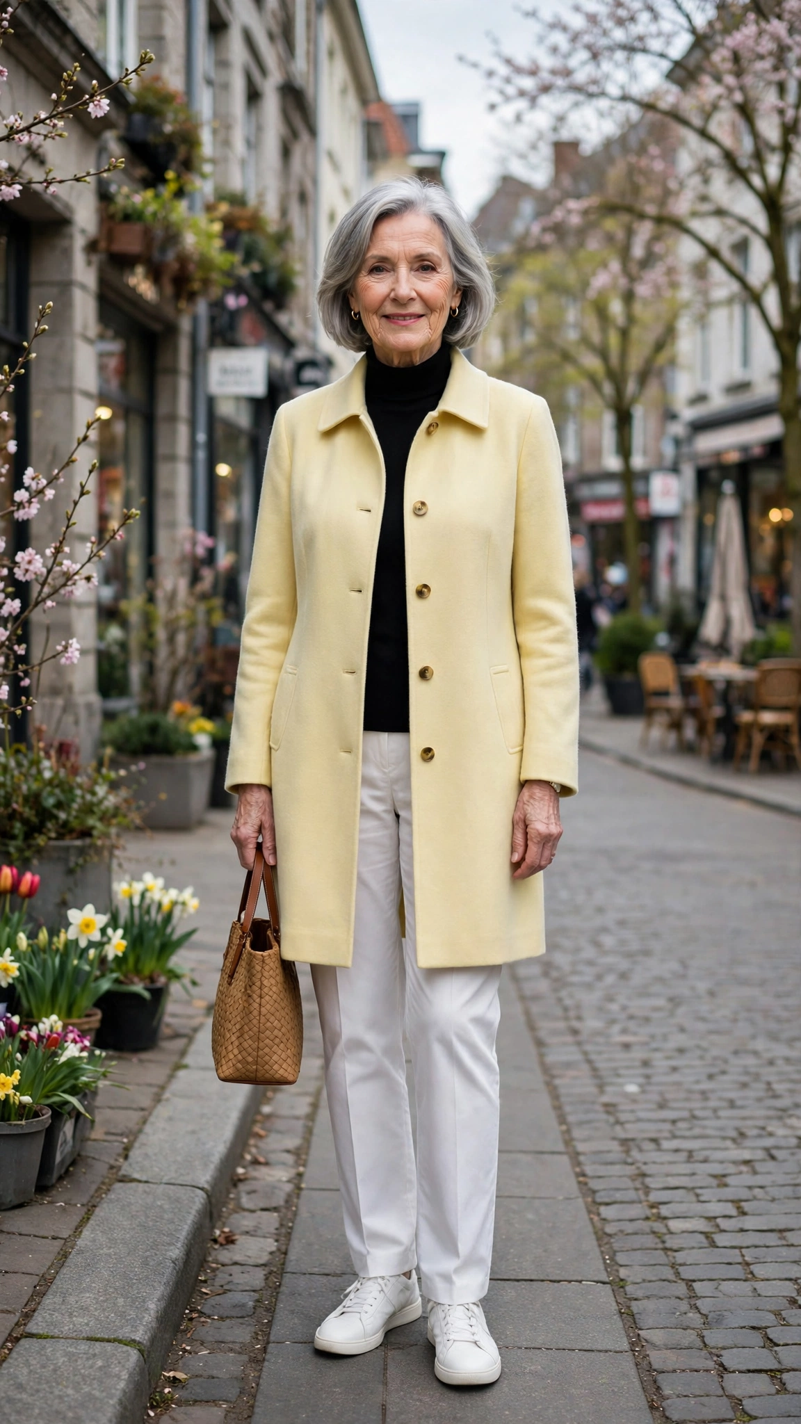 Pale yellow single-breasted coat with white trousers