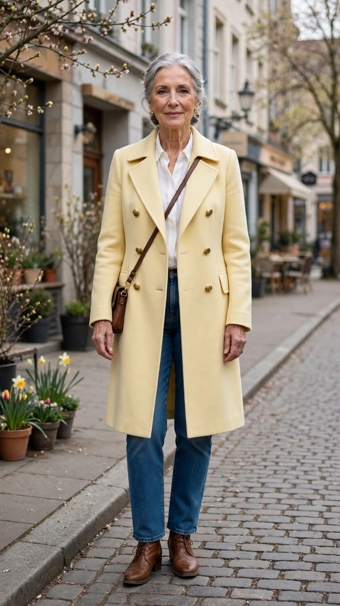 Pale yellow double-breasted coat with a white blouse and jeans