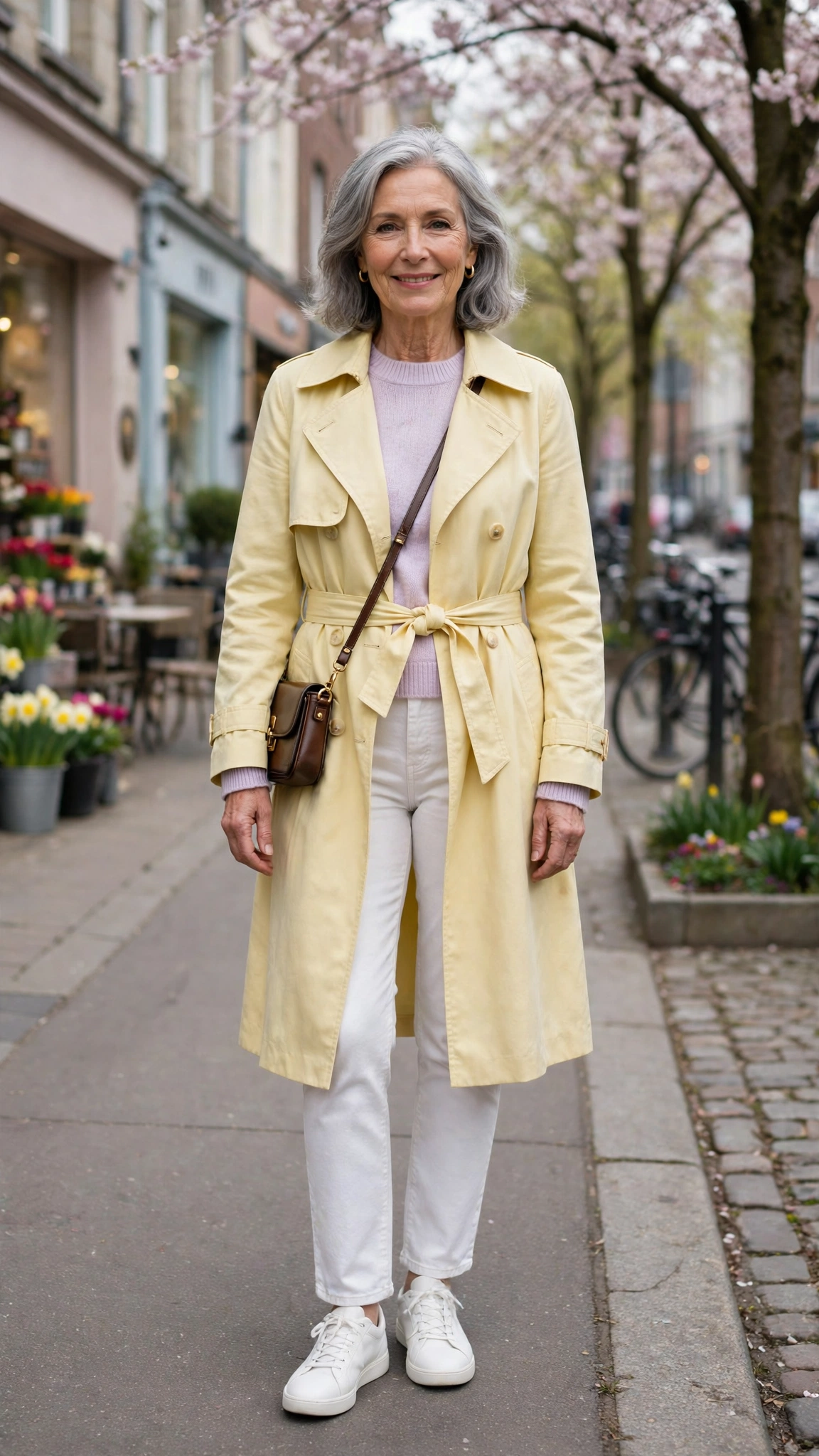 Pale yellow belted coat with a pastel sweater and white jeans