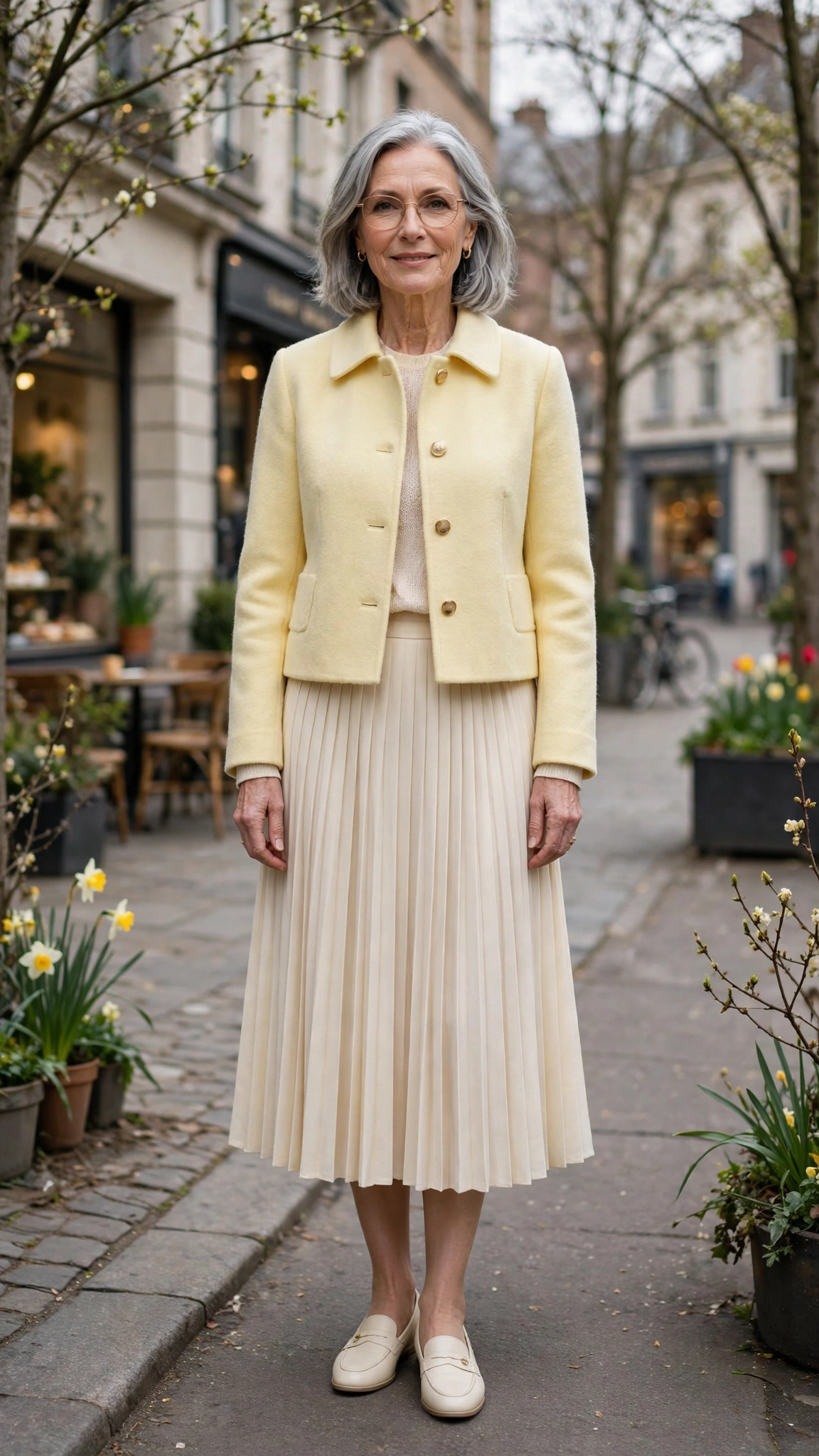 Pale yellow cropped coat with a cream pleated skirt