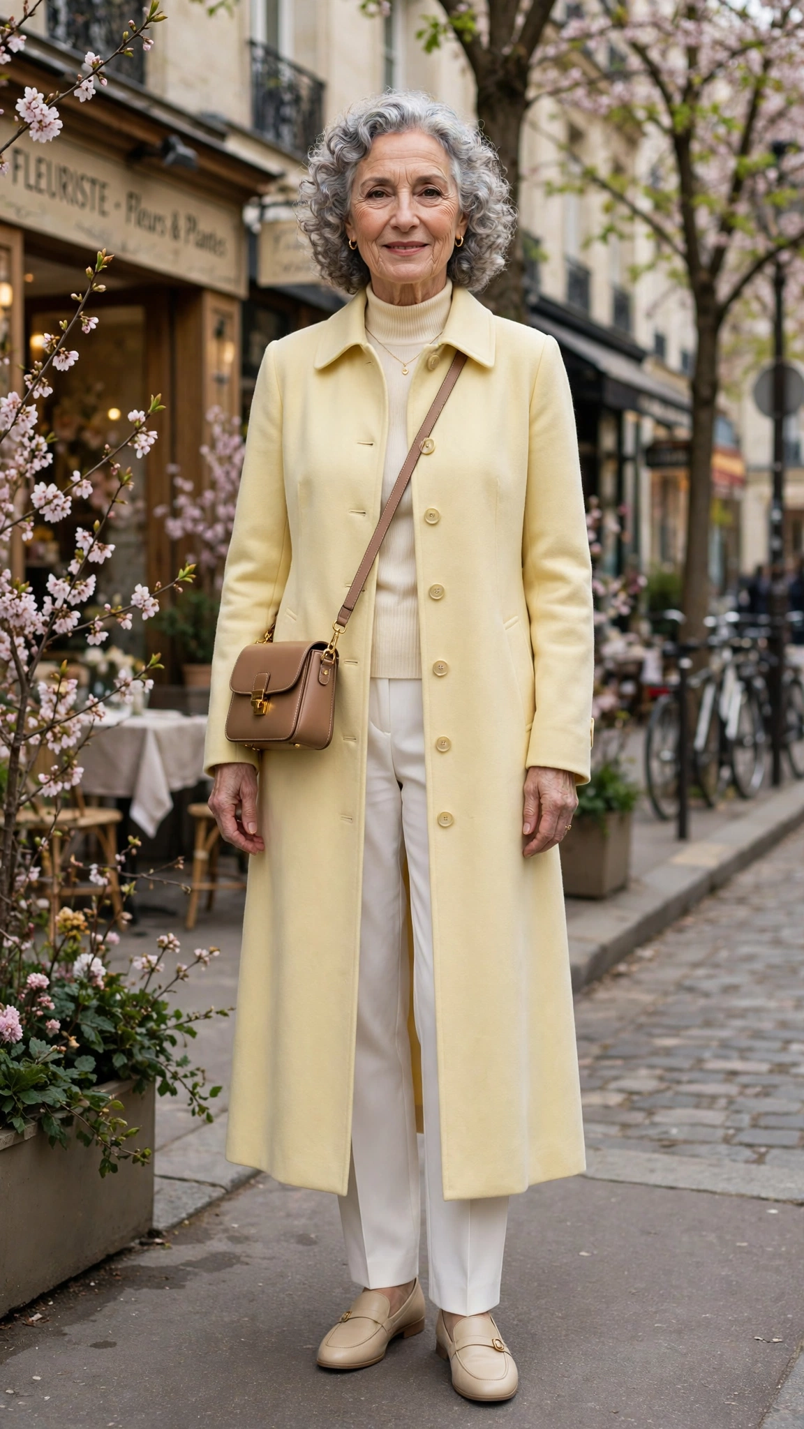 Pale yellow longline coat with white trousers
