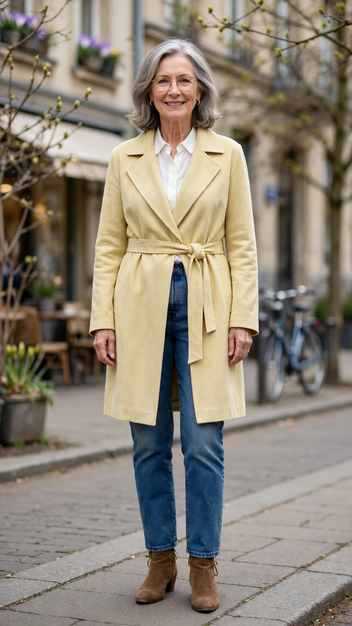 Pale yellow wrap coat with a white blouse and jeans