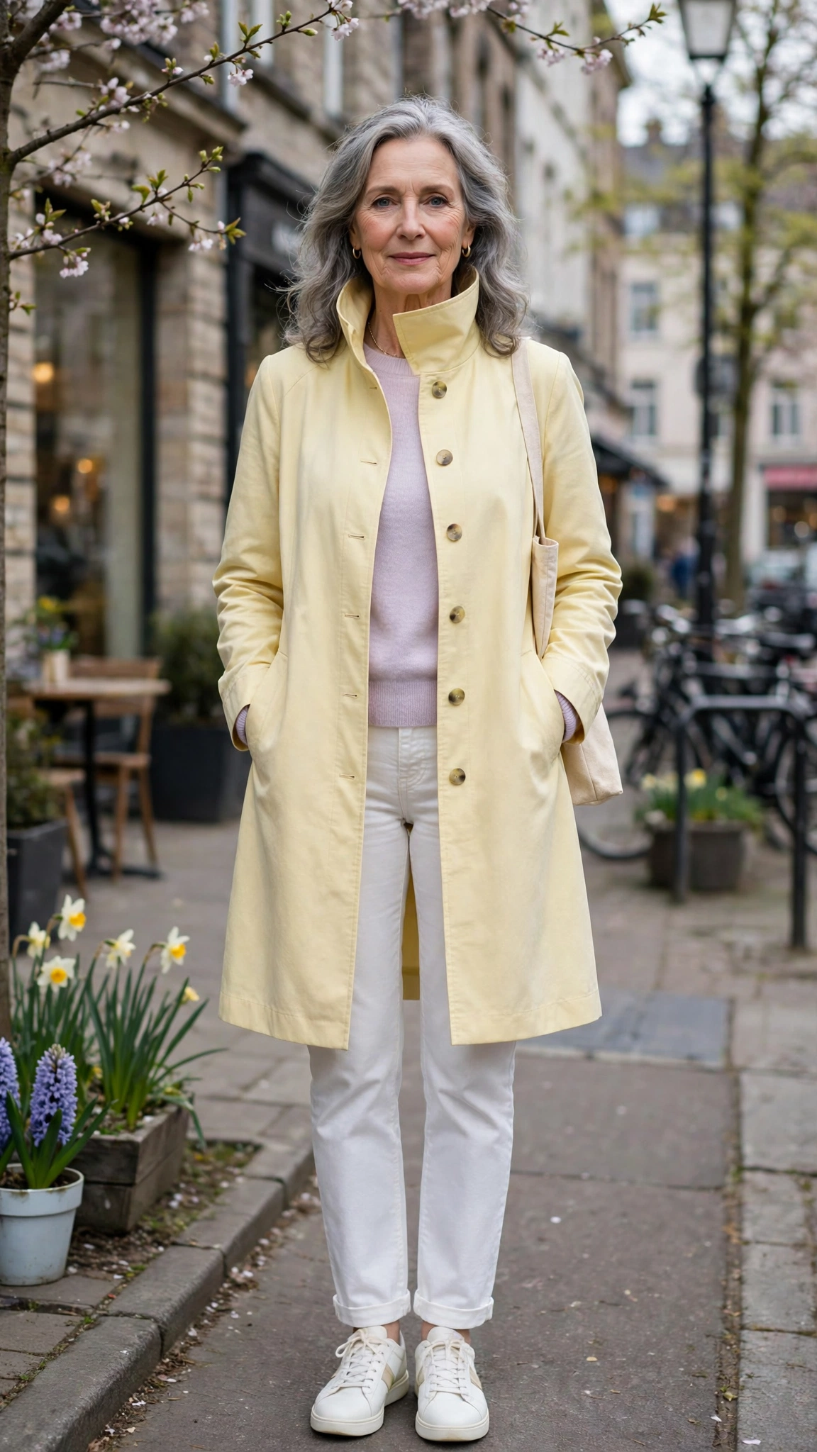 Pale yellow funnel-neck coat with a pastel sweater and white jeans